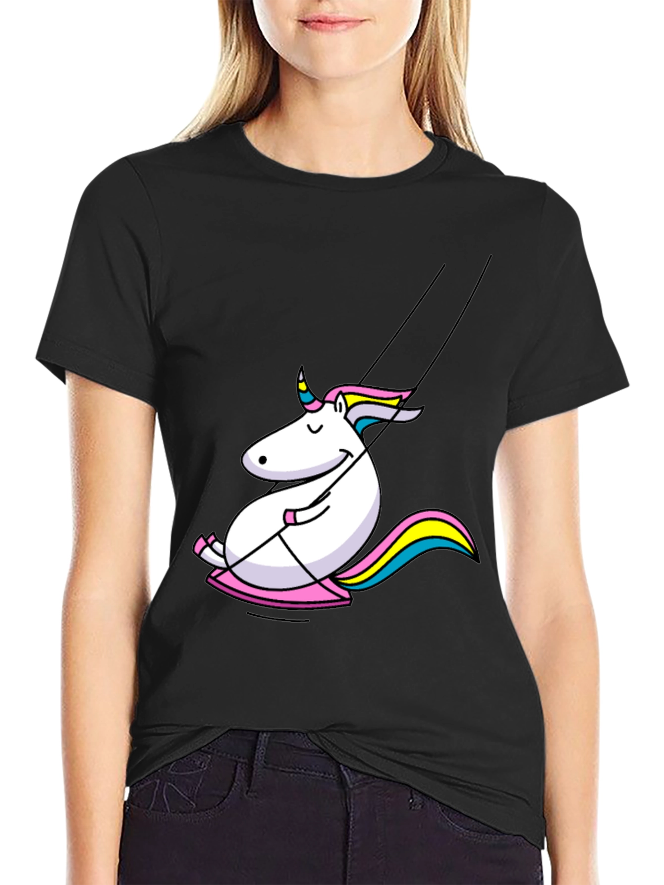 Black Unicorn on Swing Graphic Tee - Black Cotton Comfort view 2