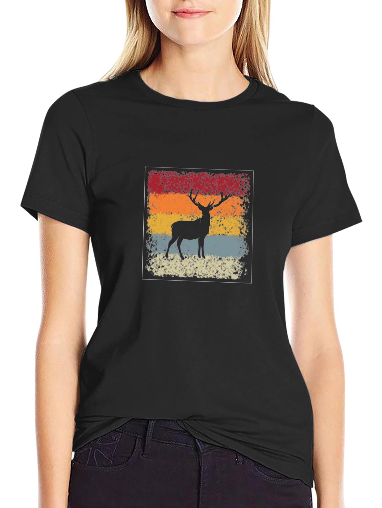 Black Retro Deer Silhouette Graphic T-Shirt view 2