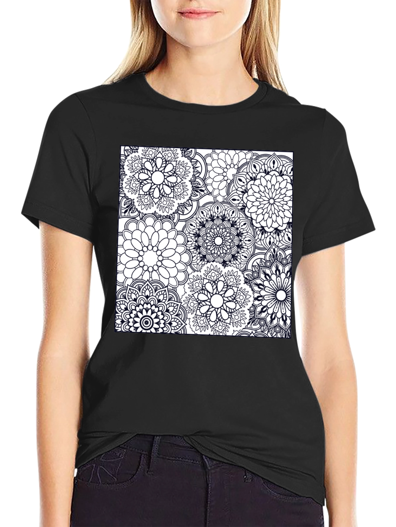 Black Floral Mandala Graphic Tee - Casual Black T-Shirt view 2