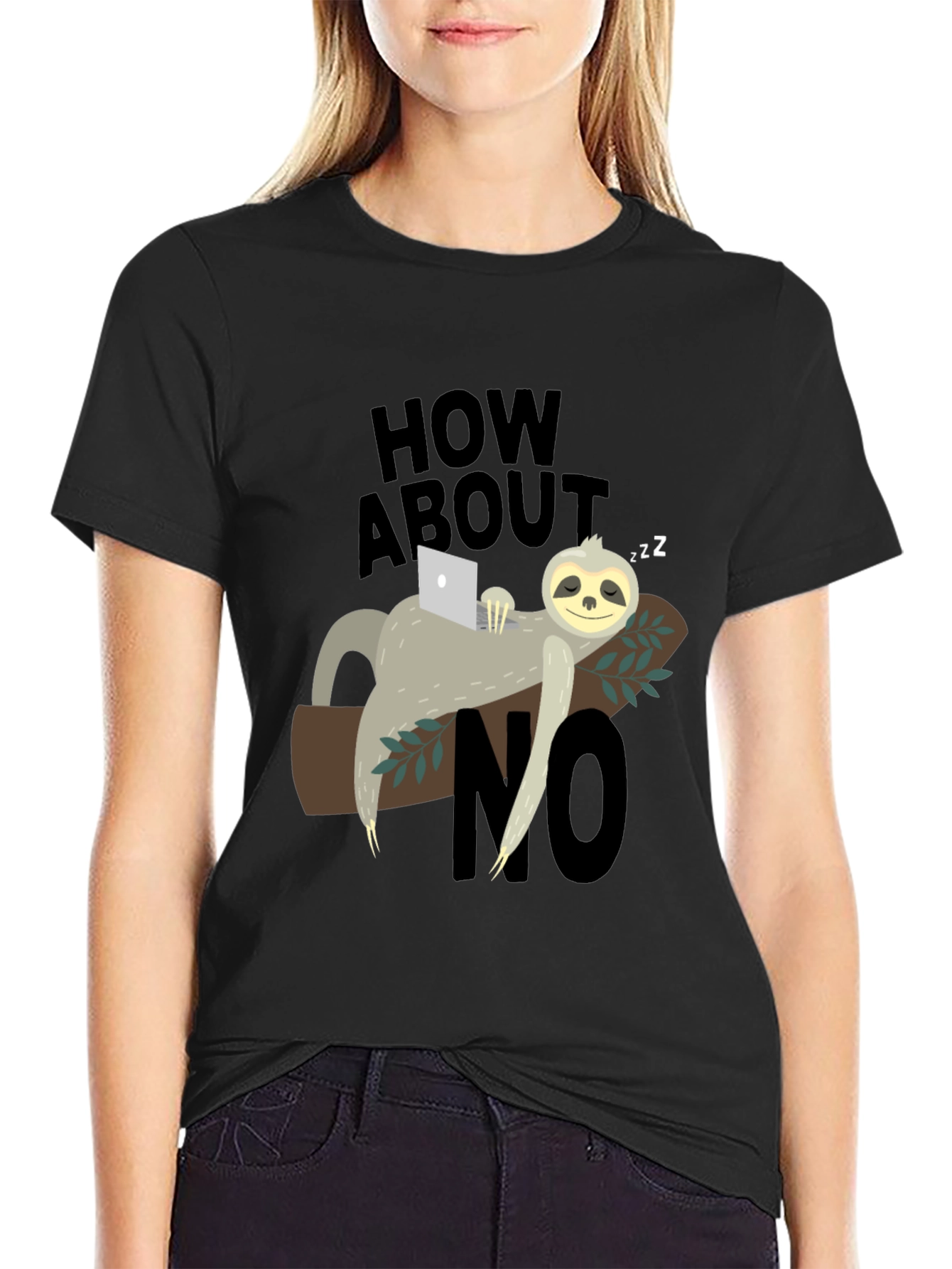 Black Lazy Sloth 'How About No' Graphic T-Shirt view 2