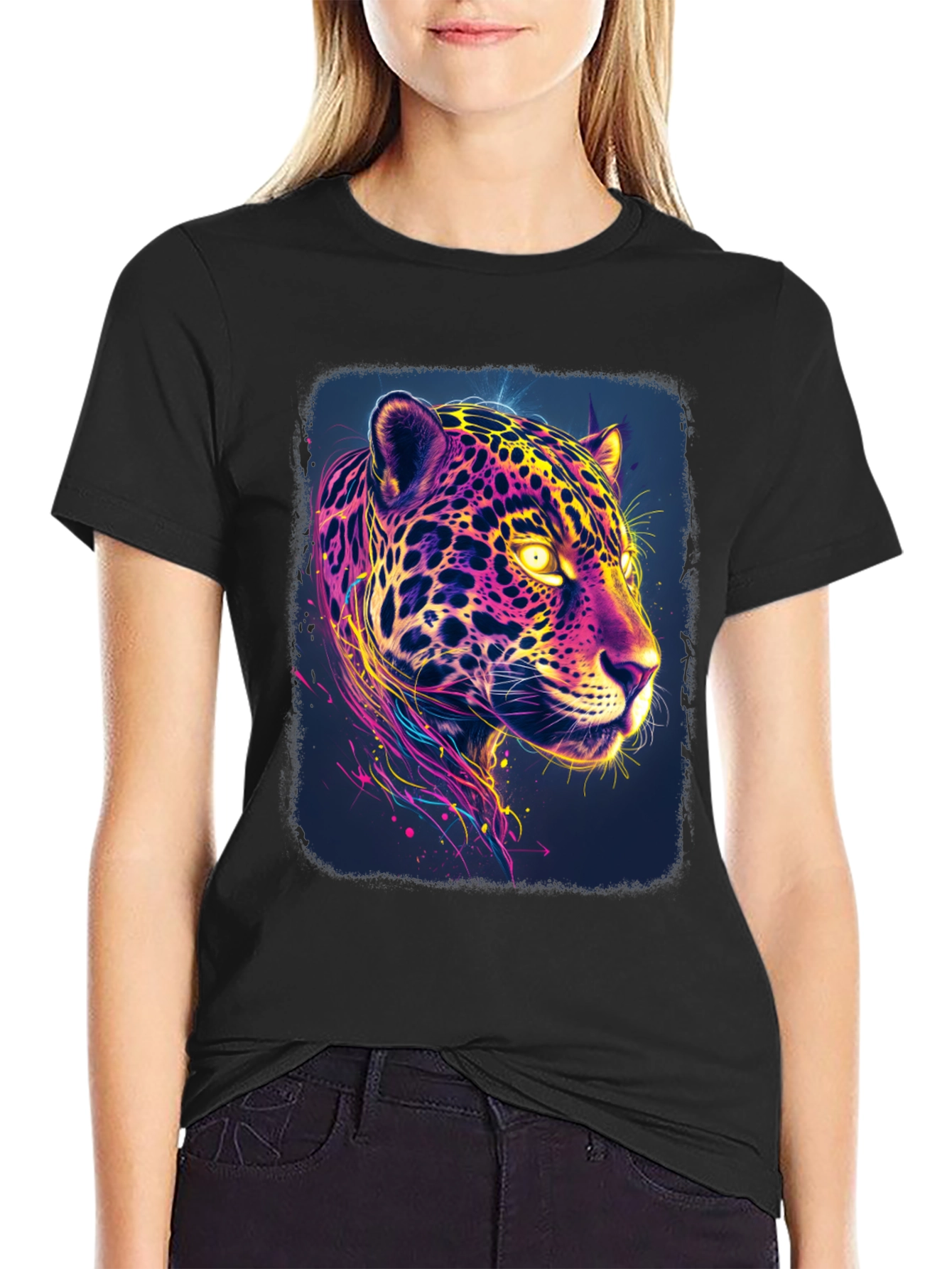 Black Vibrant Neon Jaguar Graphic Black T-Shirt view 2
