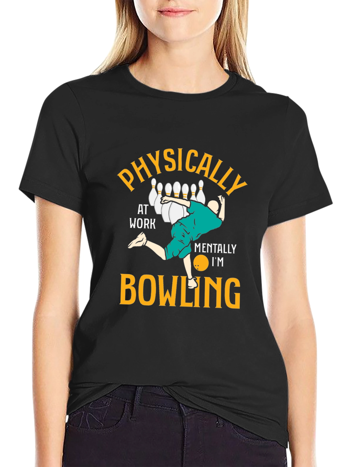 Black Funny Bowling T-Shirt - Physically At Work Mentally Bowling view 2