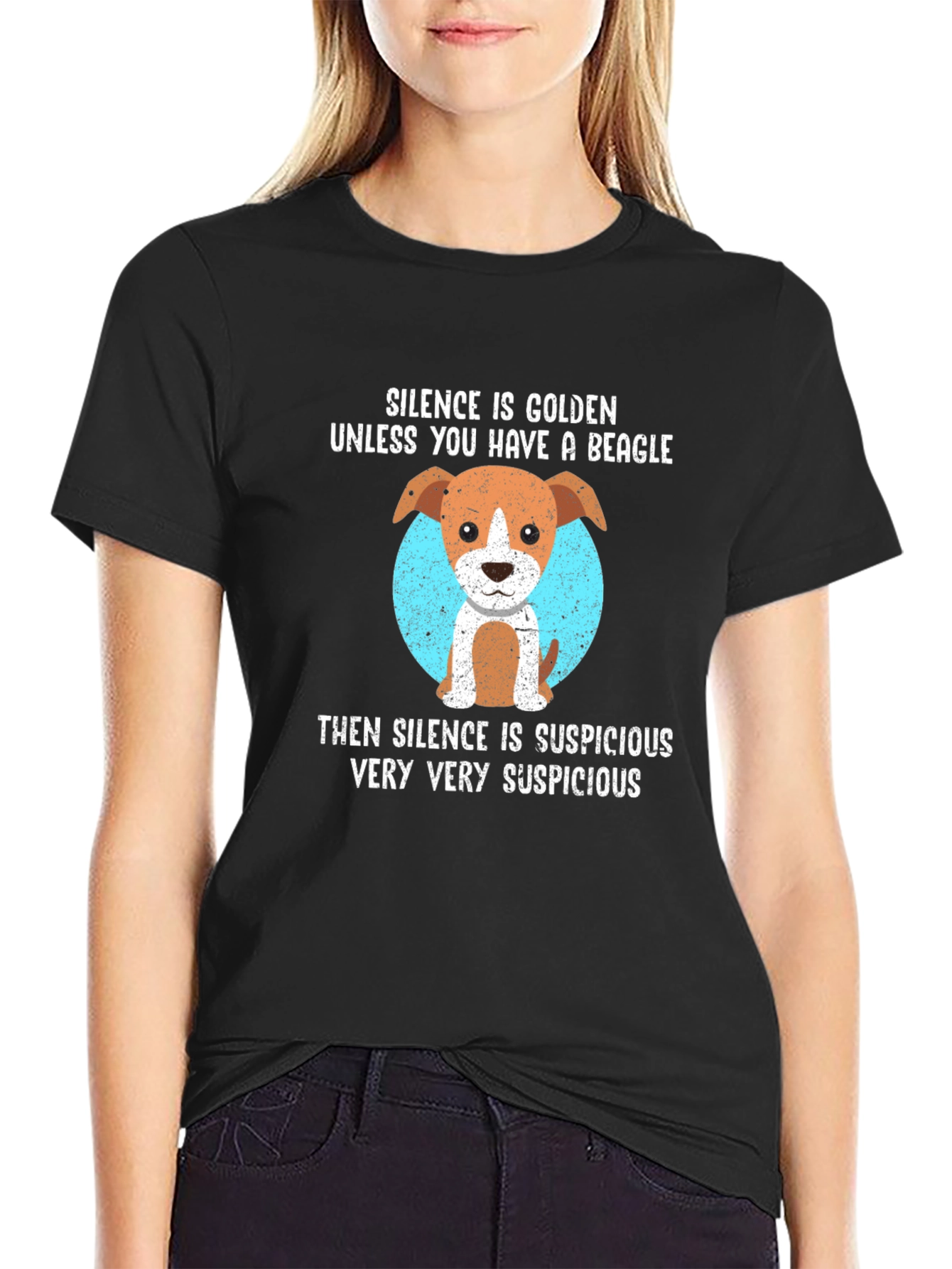 Black Beagle Humor T-Shirt: Suspicious Silence Tee view 2