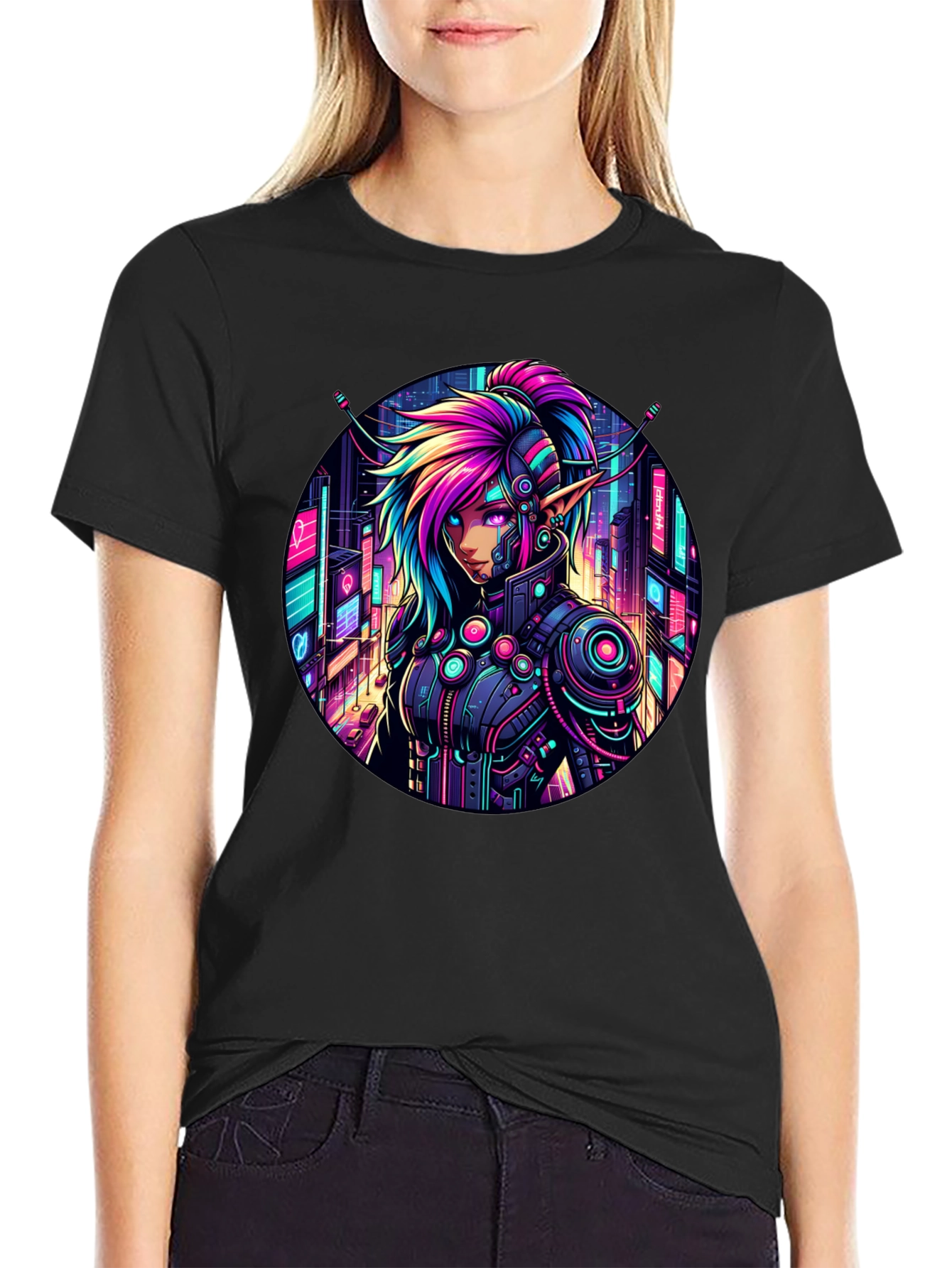Black Cyberpunk Elf T-Shirt: Neon Cityscape Graphic Tee view 2