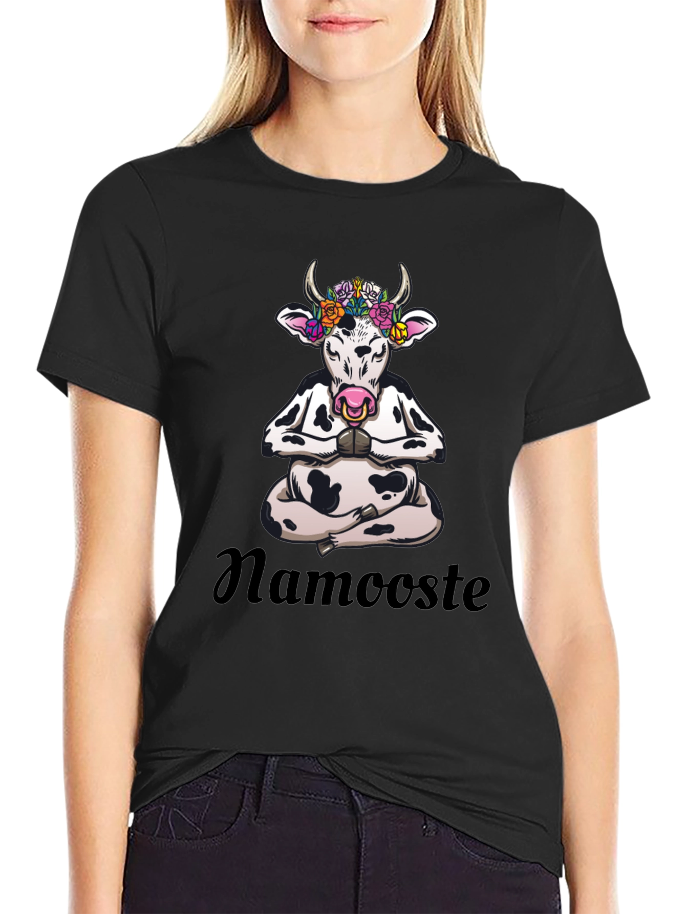 Black Namaste Cow T-Shirt: Meditating Cow with Flowers view 2