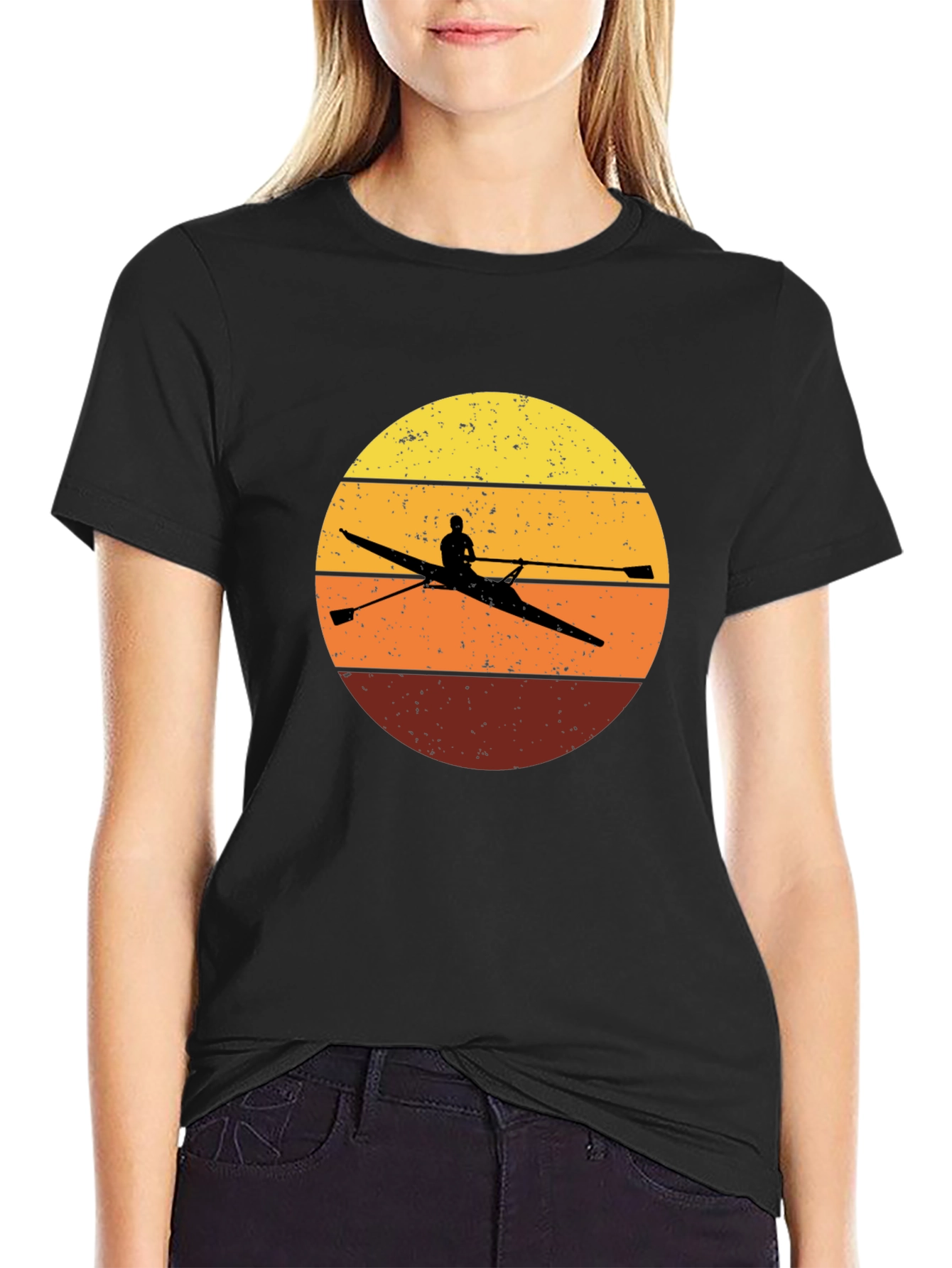 Black Rowing Sunset T-Shirt - Vintage Design view 2