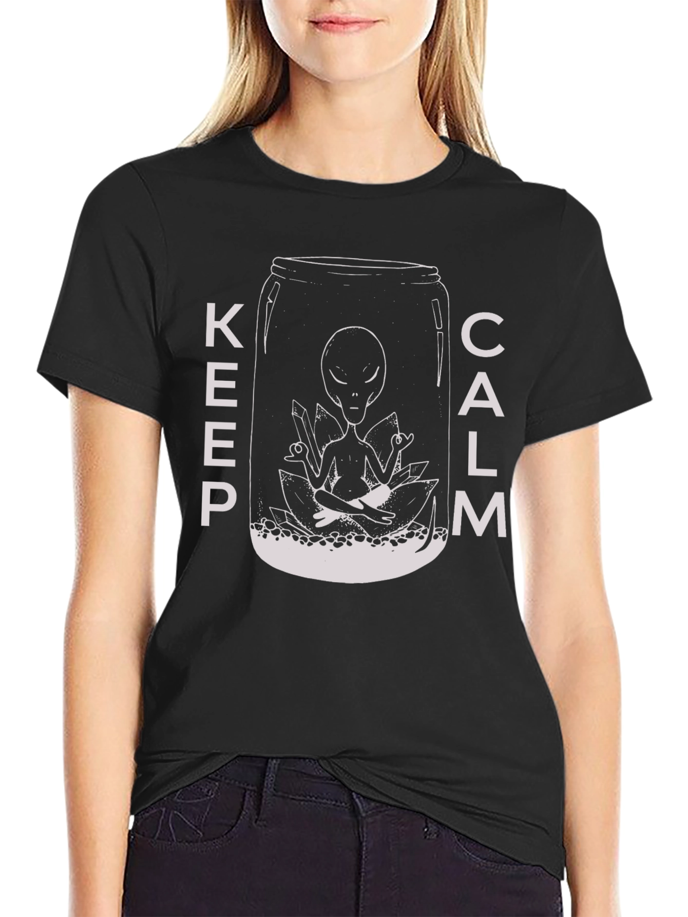 Black Keep Calm Alien T-Shirt - Meditating Extraterrestrial Graphic Tee view 2