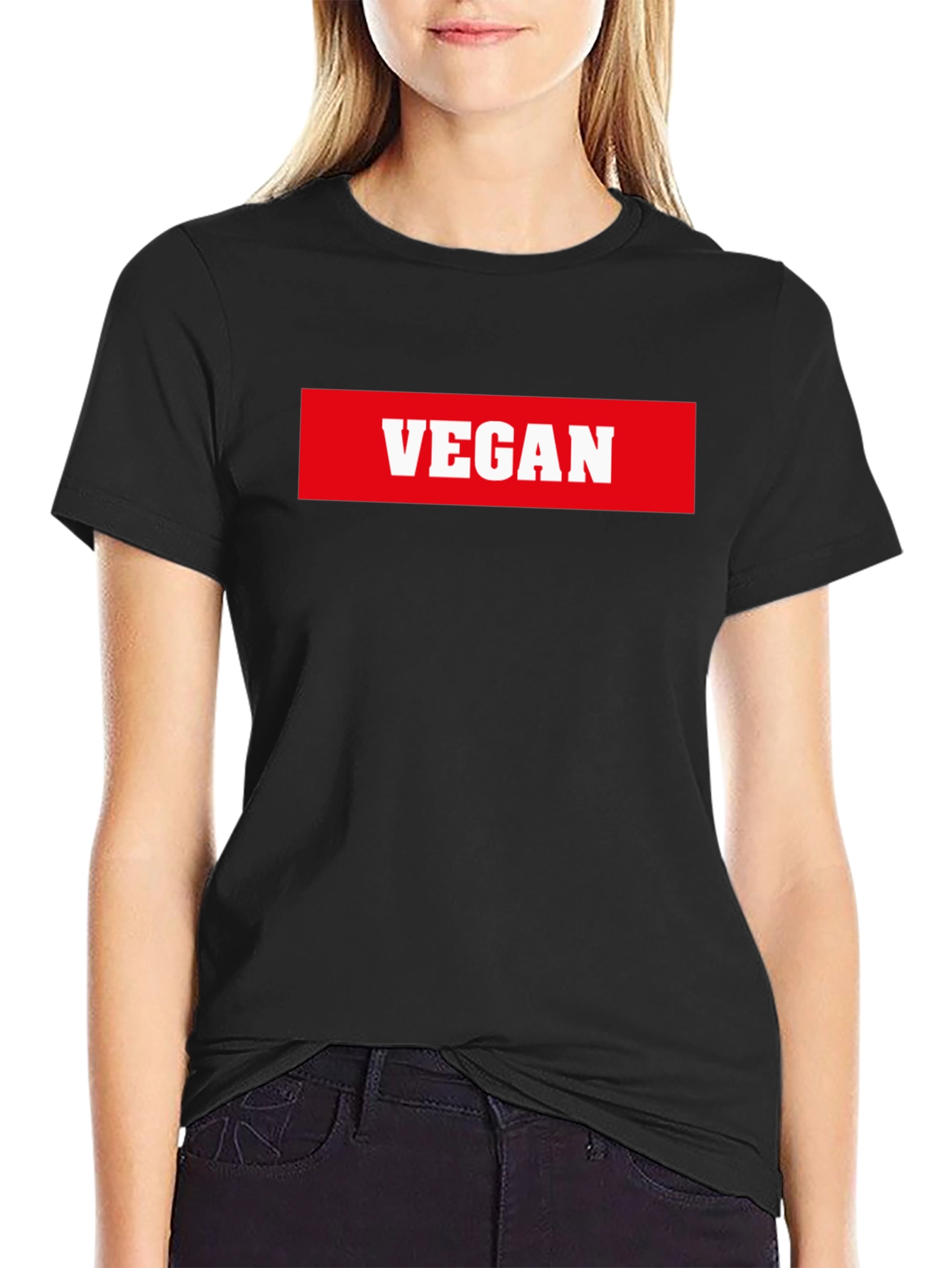 Black Vegan Statement T-Shirt - Bold Red & White Print view 2