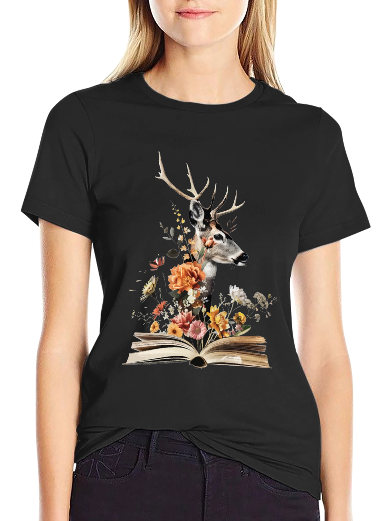 Black Deer in Book Floral Tee view 2