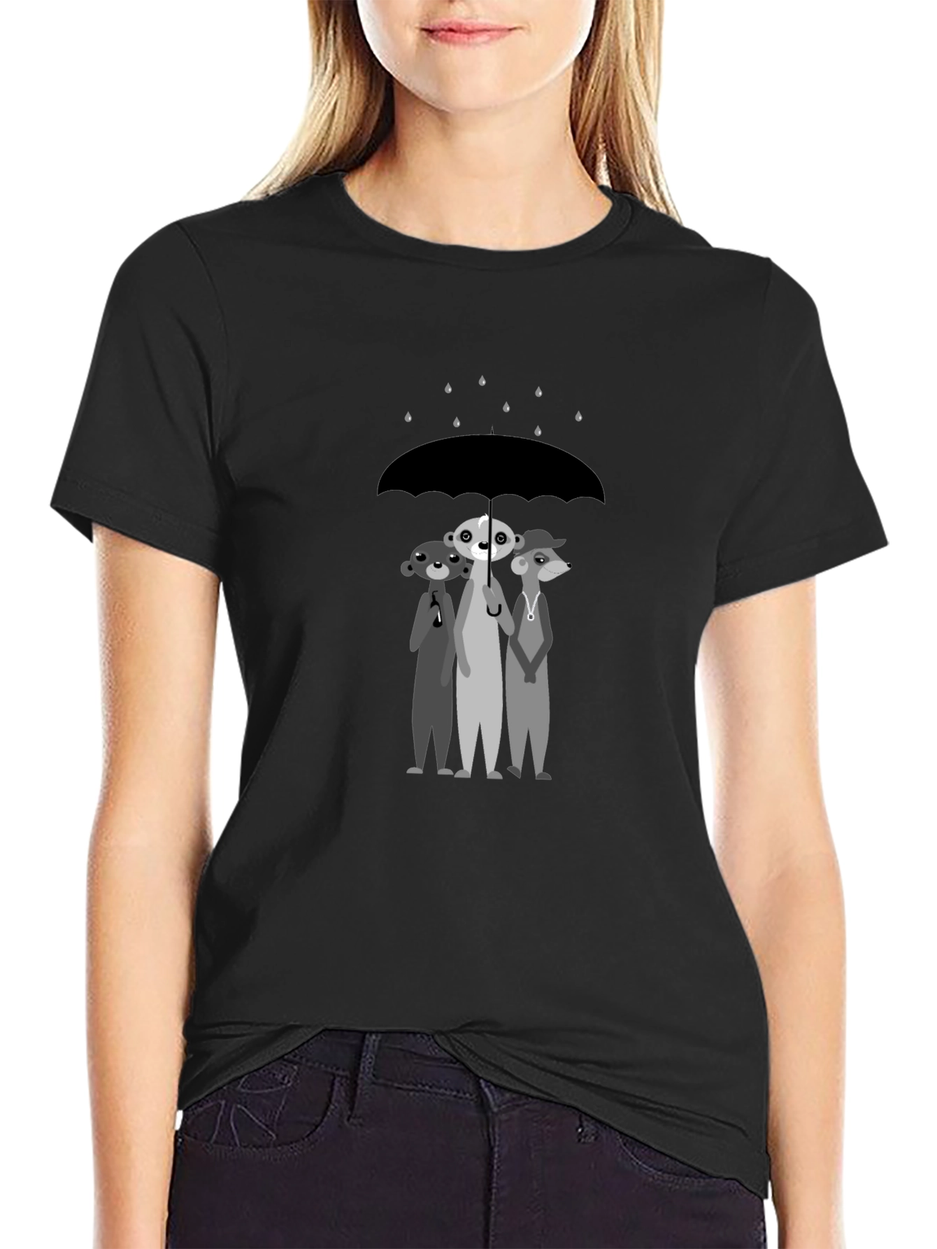 Black Rainy Day Pals T-Shirt: Cartoon Meerkat Design view 2