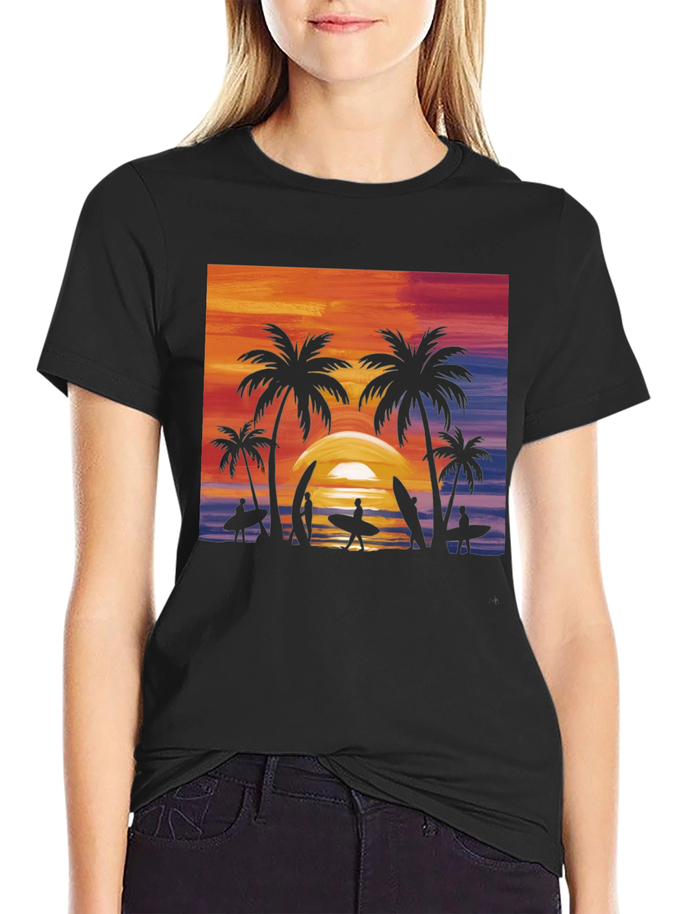 Black Sunset Palm Tree Surfer Graphic Tee - Black view 2