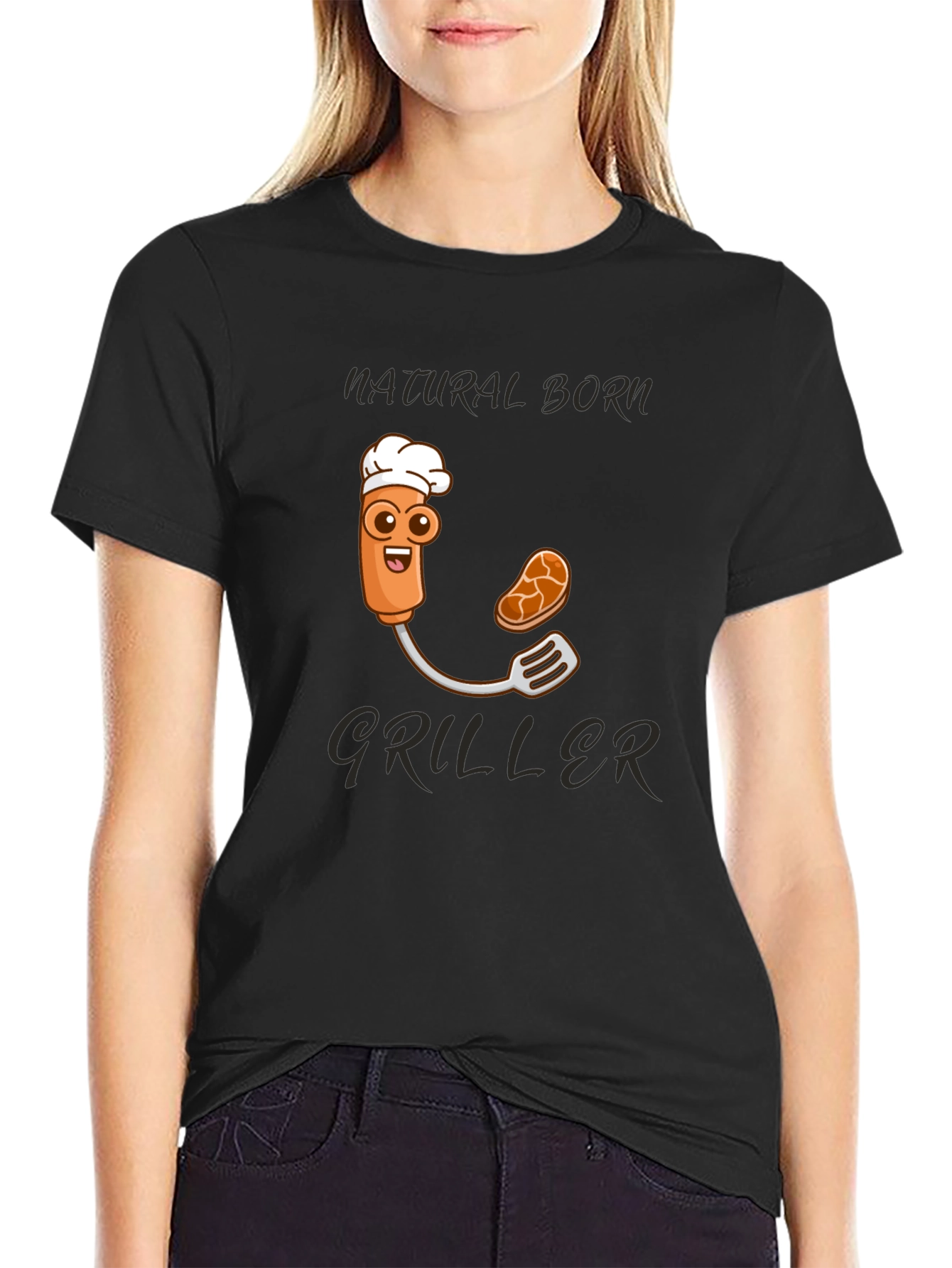 Black Natural Born Griller T-Shirt - BBQ Cartoon Chef view 2