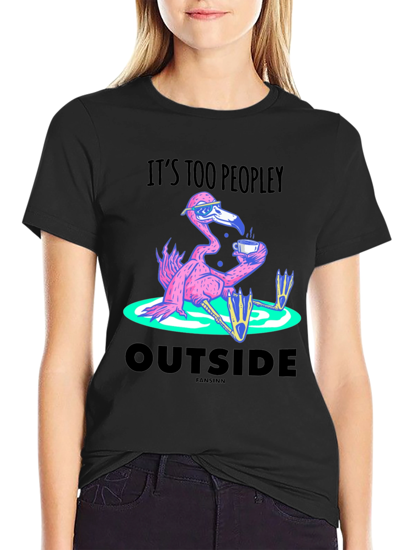 Black It's Too Peopley Outside Flamingo T-Shirt view 2