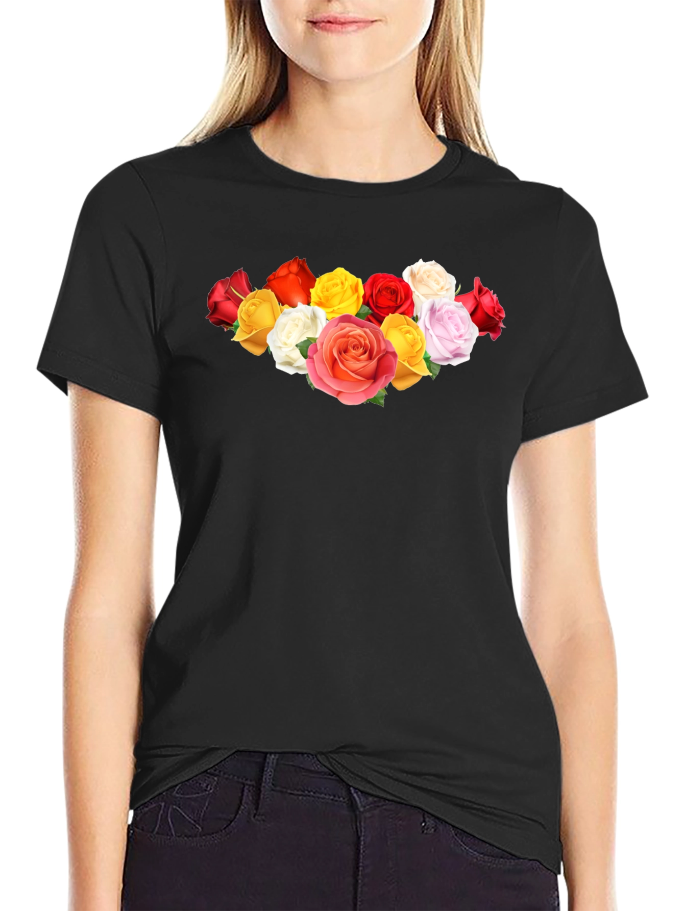 Black Floral Rose Graphic Black Tee view 2