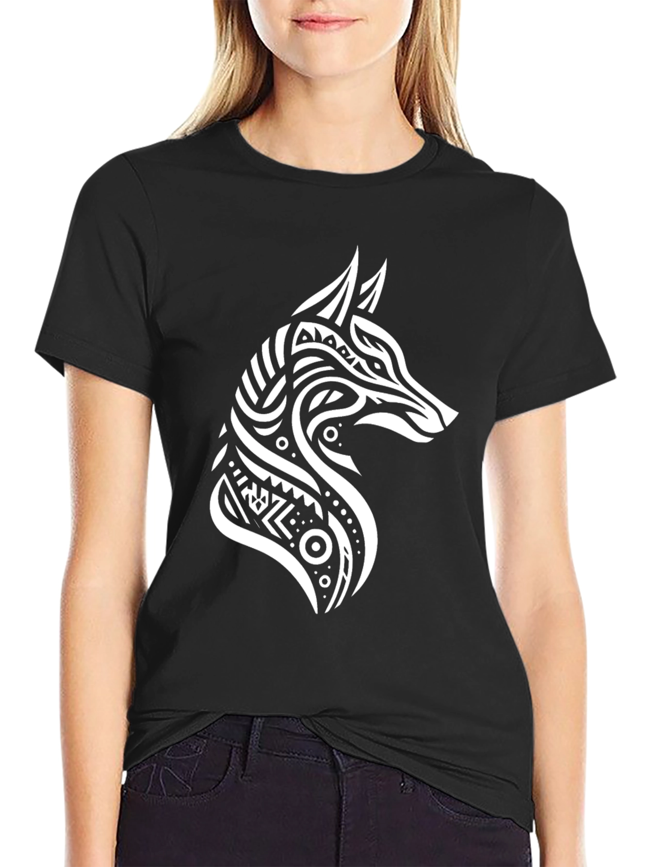 Black Tribal Wolf Graphic Tee - Stylish Men's Black T-Shirt view 2