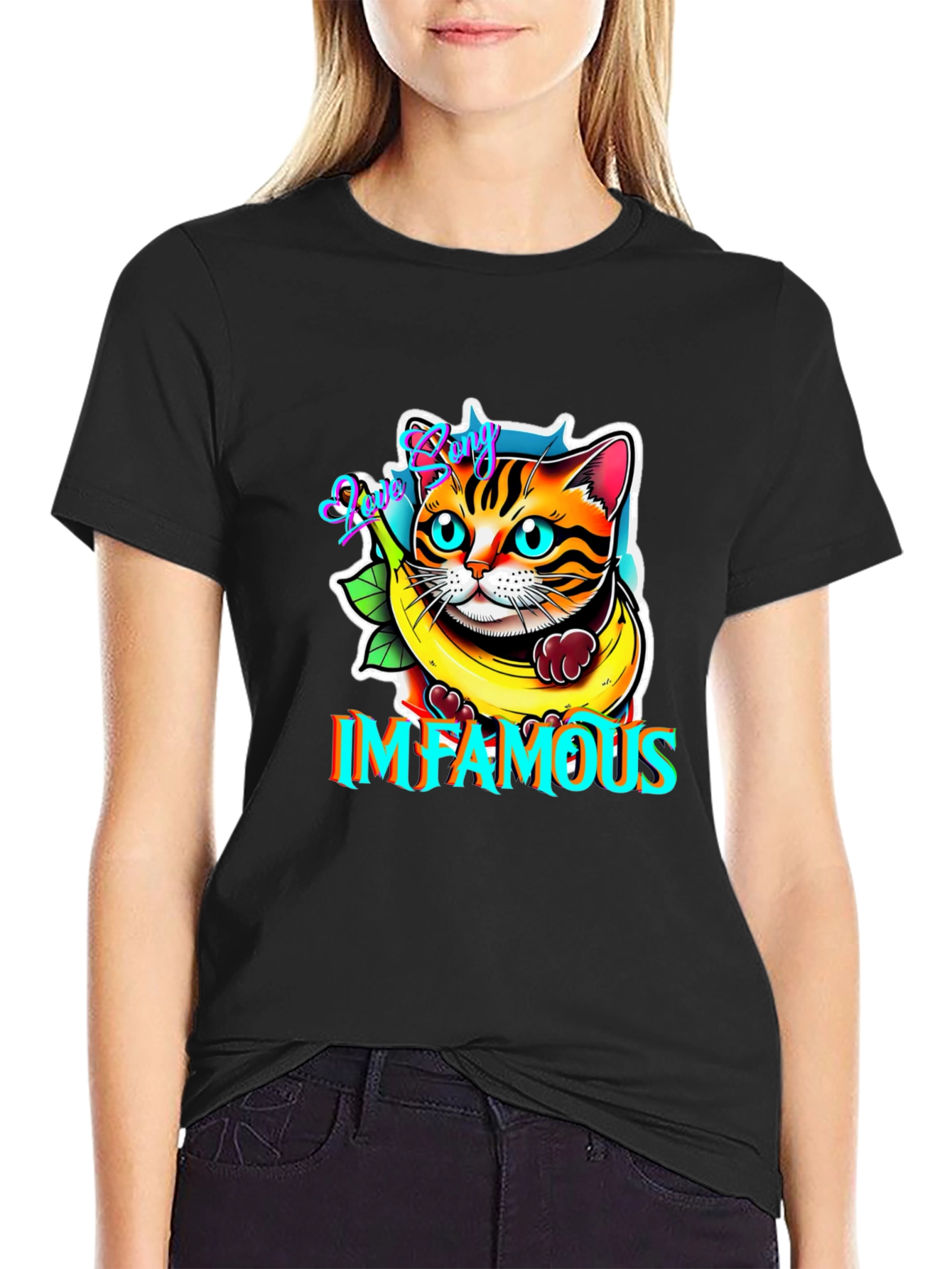 Black Infamous Cat in Banana T-Shirt view 2