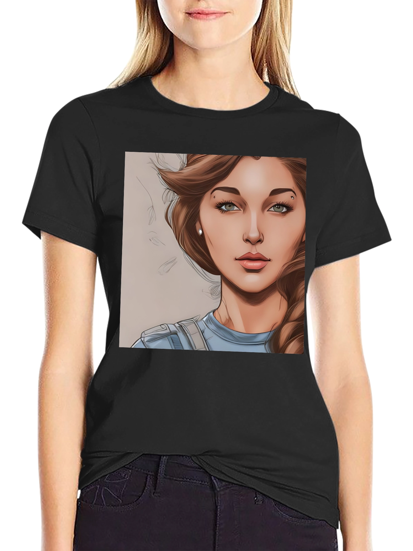 Black Woman Cartoon Portrait Black T-Shirt view 2
