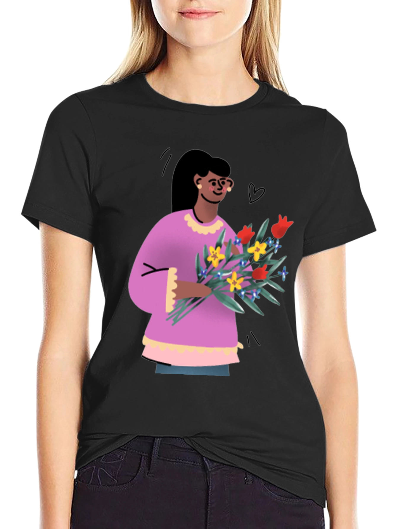 Black Floral Graphic Print Crew Neck T-Shirt view 2