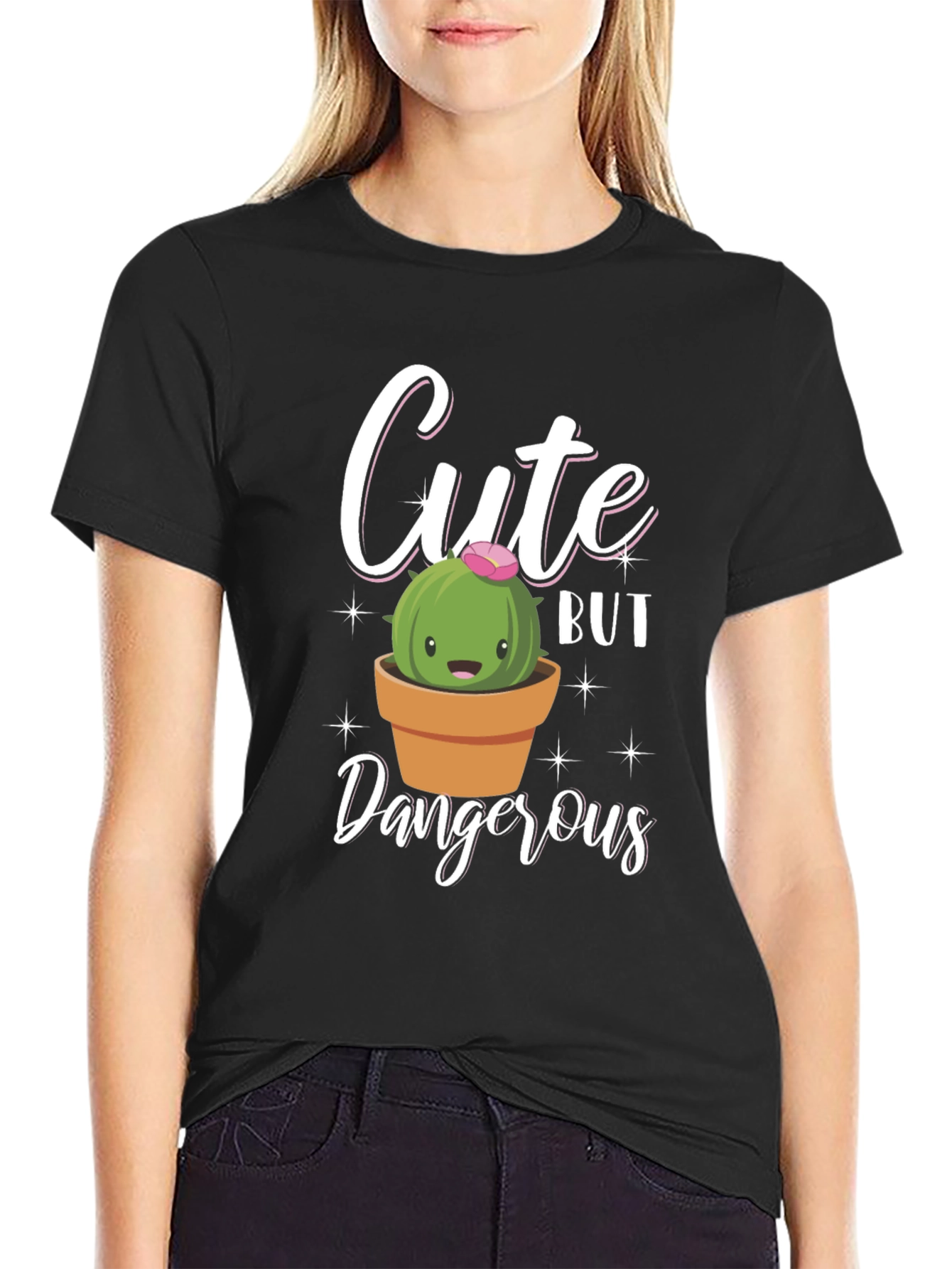 Black Cute But Dangerous Cactus Graphic T-Shirt view 2