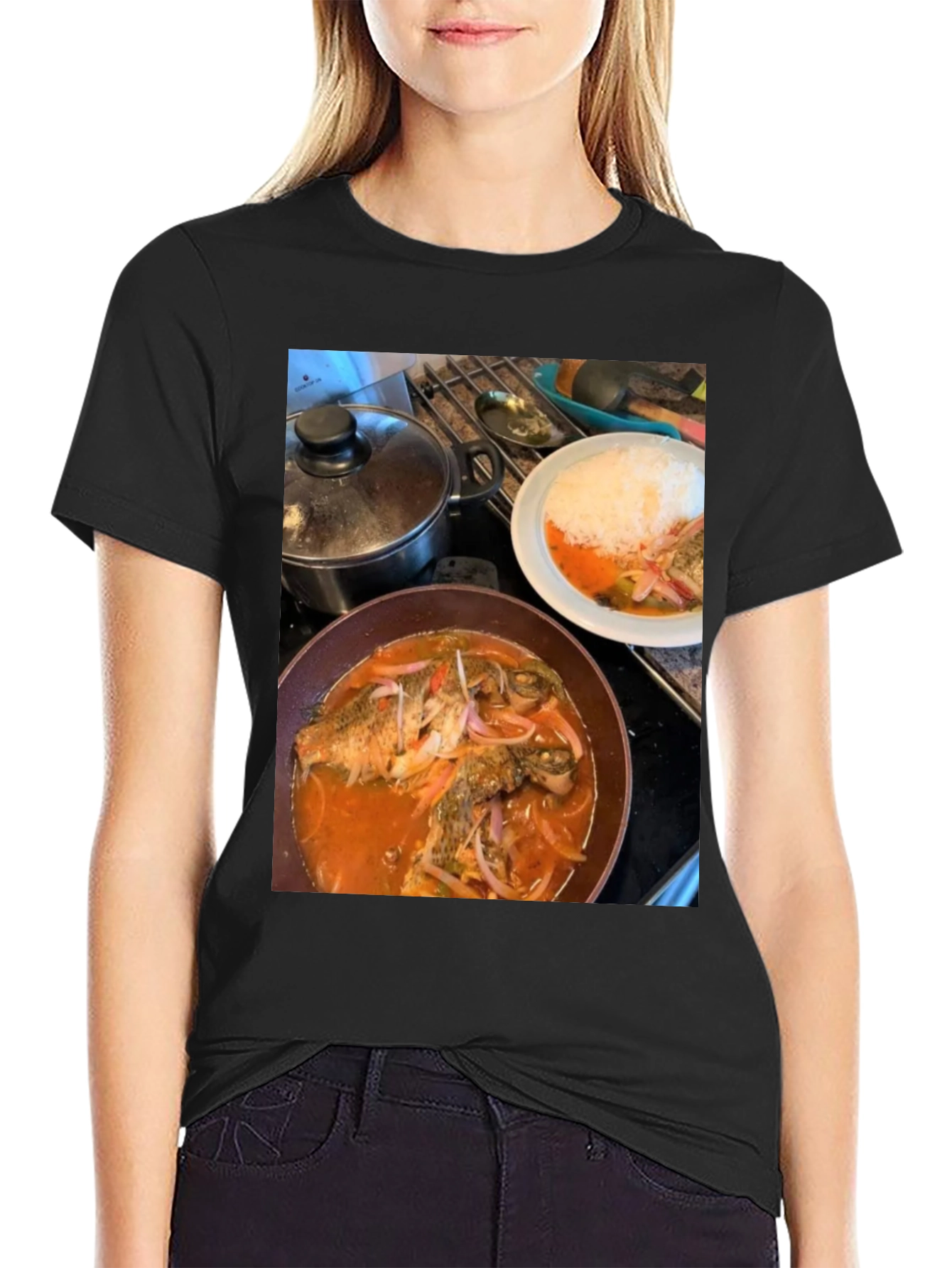 Black Foodie T-Shirt: Delicious Fish Dish Design view 2