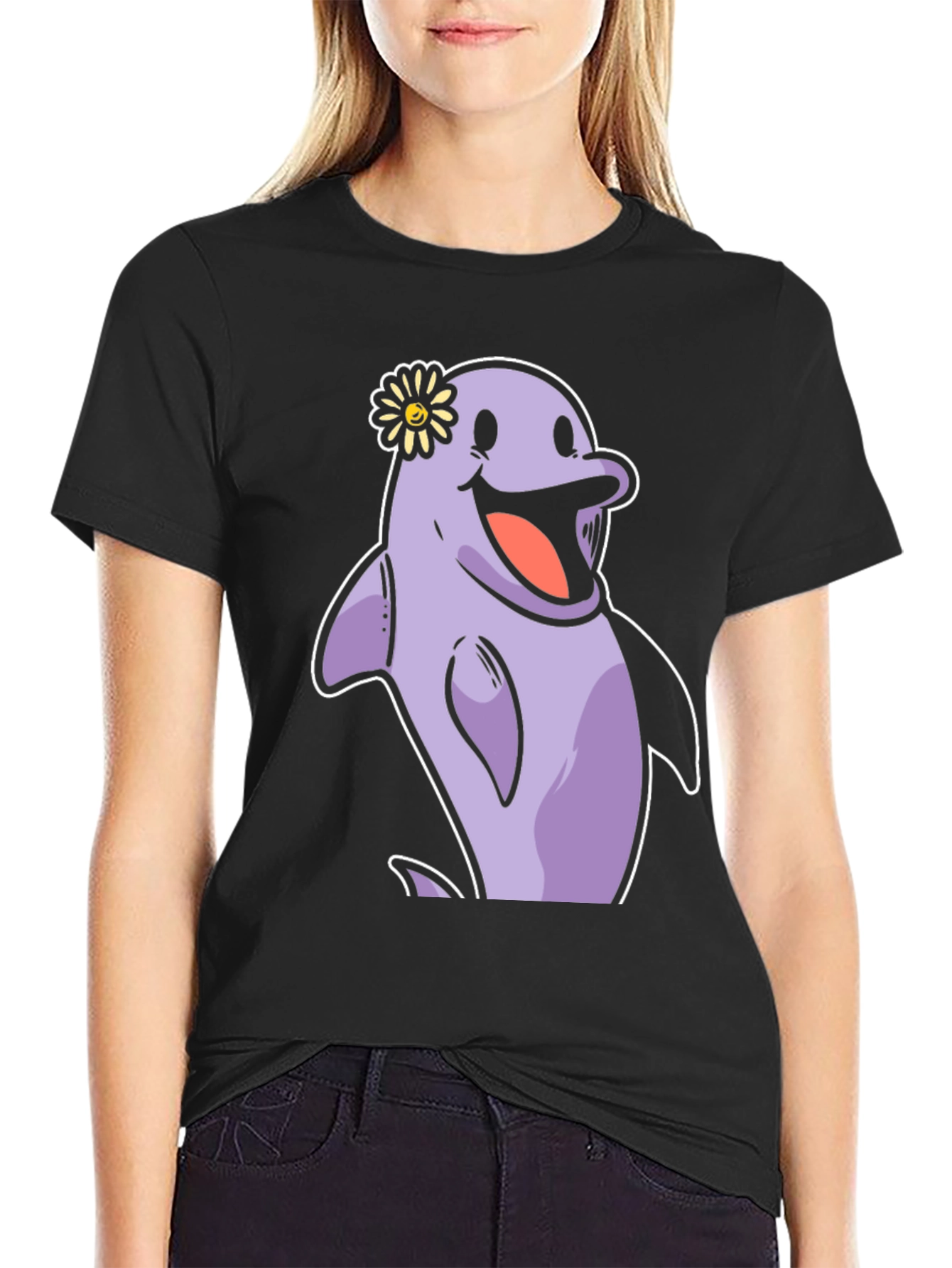 Black Cheerful Dolphin T-Shirt - Fun Graphic Tee view 2