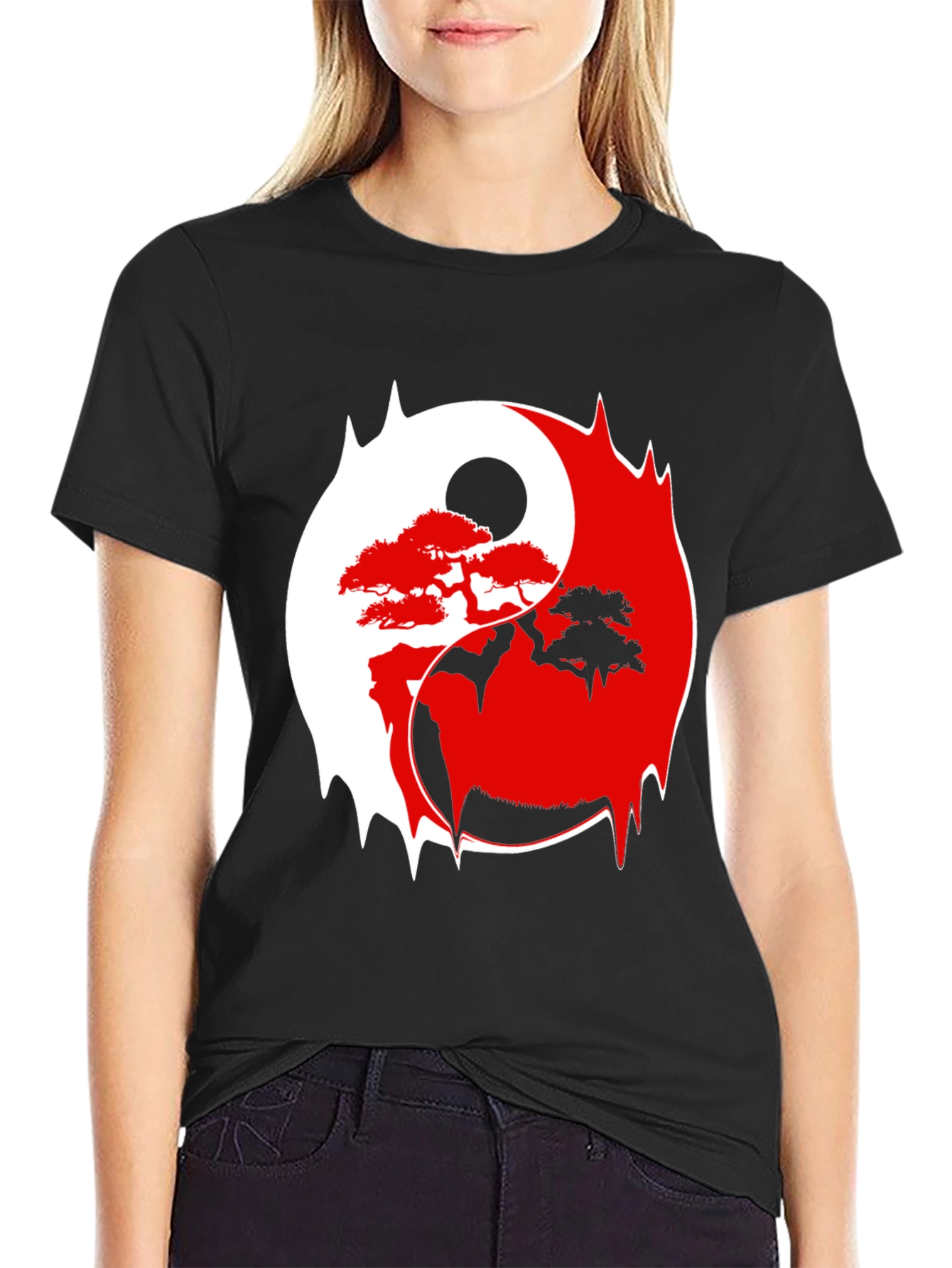 Black Yin Yang Bonsai Tree Graphic Tee - Stylish & Unique view 2