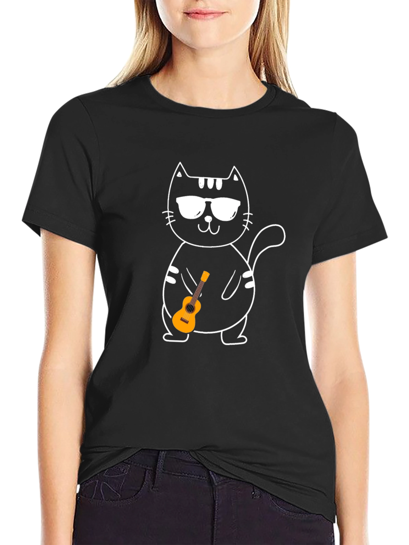 Black Cool Cat Ukulele Graphic T-Shirt view 2