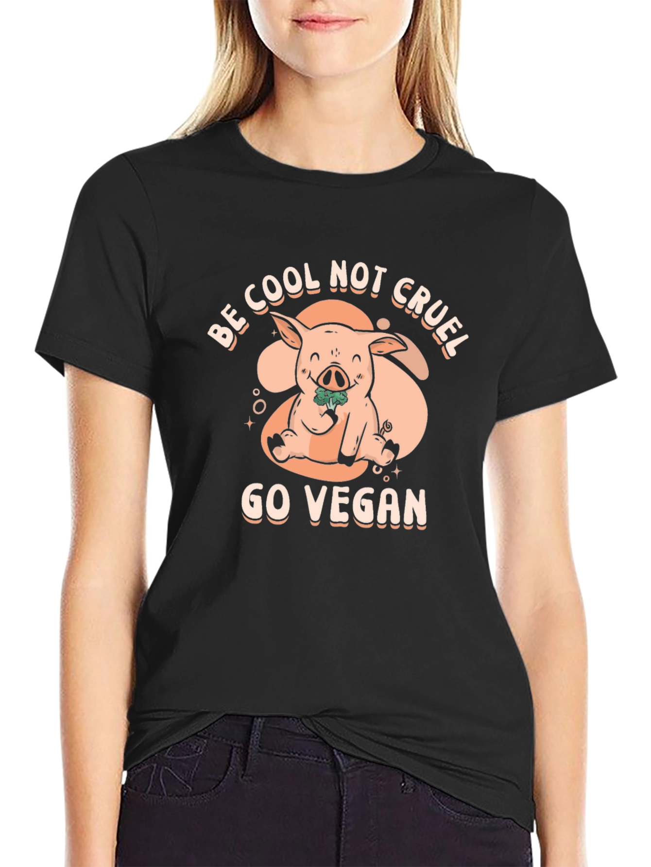 Black Vegan Pig Graphic Tee - Be Cool Not Cruel T-Shirt view 2