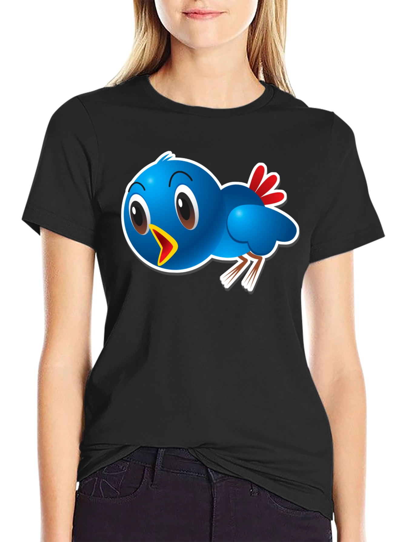 Black Blue Bird Graphic Tee - Cute Cartoon Bird T-Shirt view 2