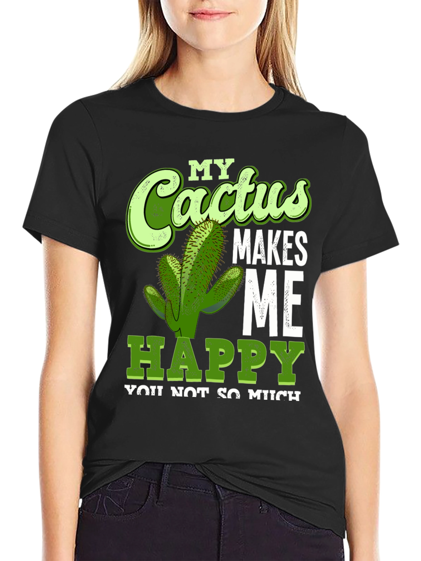 Black Cactus Makes Me Happy T-Shirt Funny Graphic Tee view 2