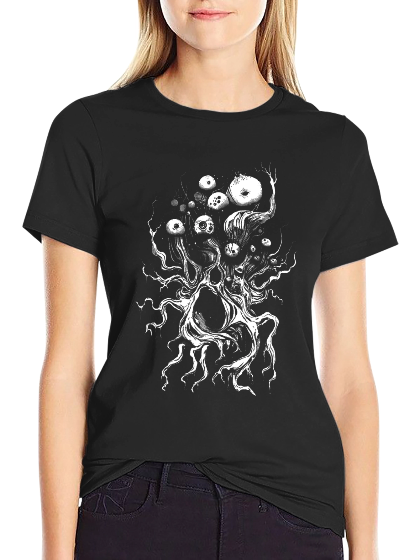 Black Surreal Eye Tree Graphic Tee - Black Cotton T-Shirt view 2