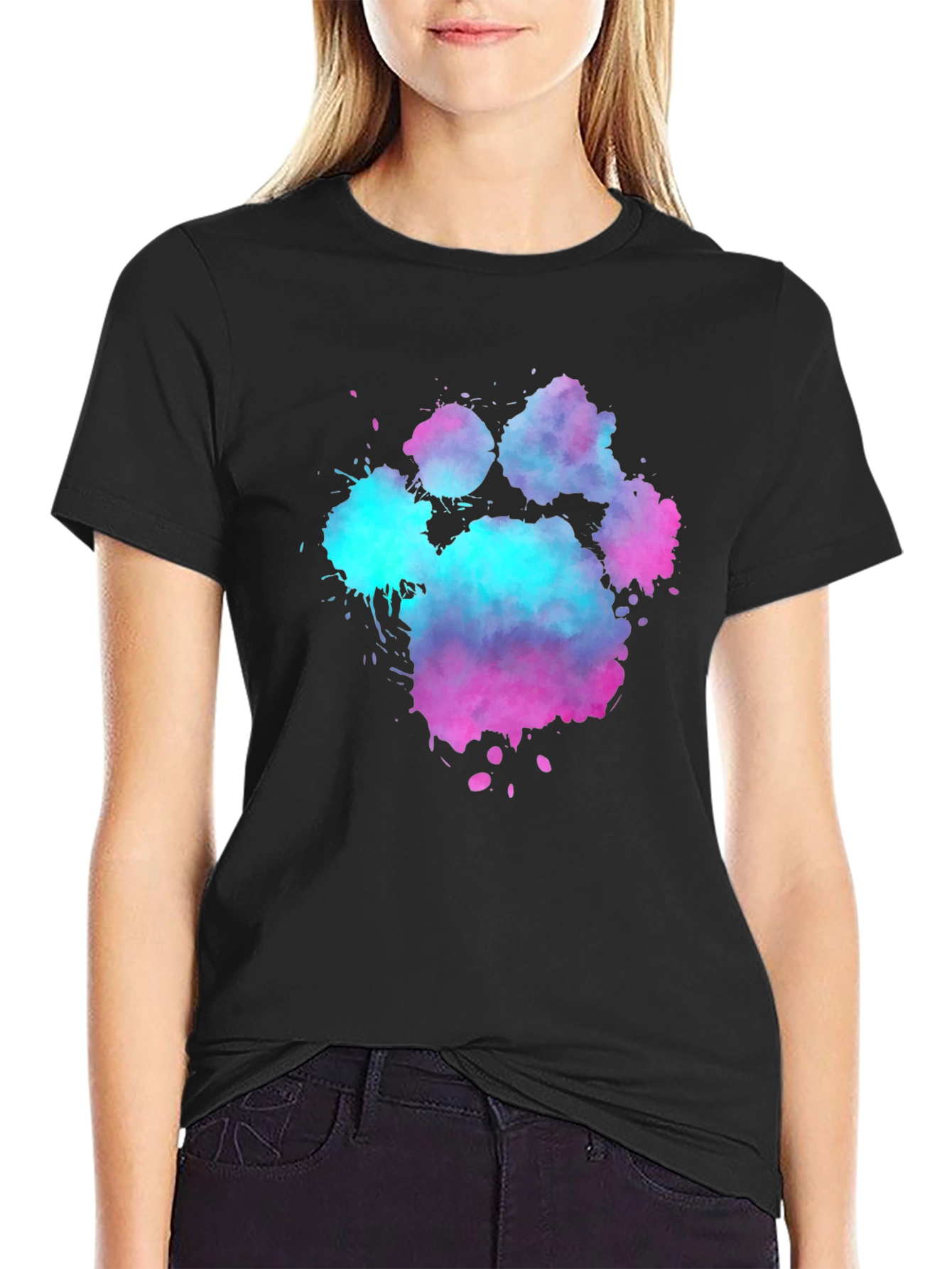 Black Watercolor Paw Print Graphic Tee - Black Cotton Blend view 2