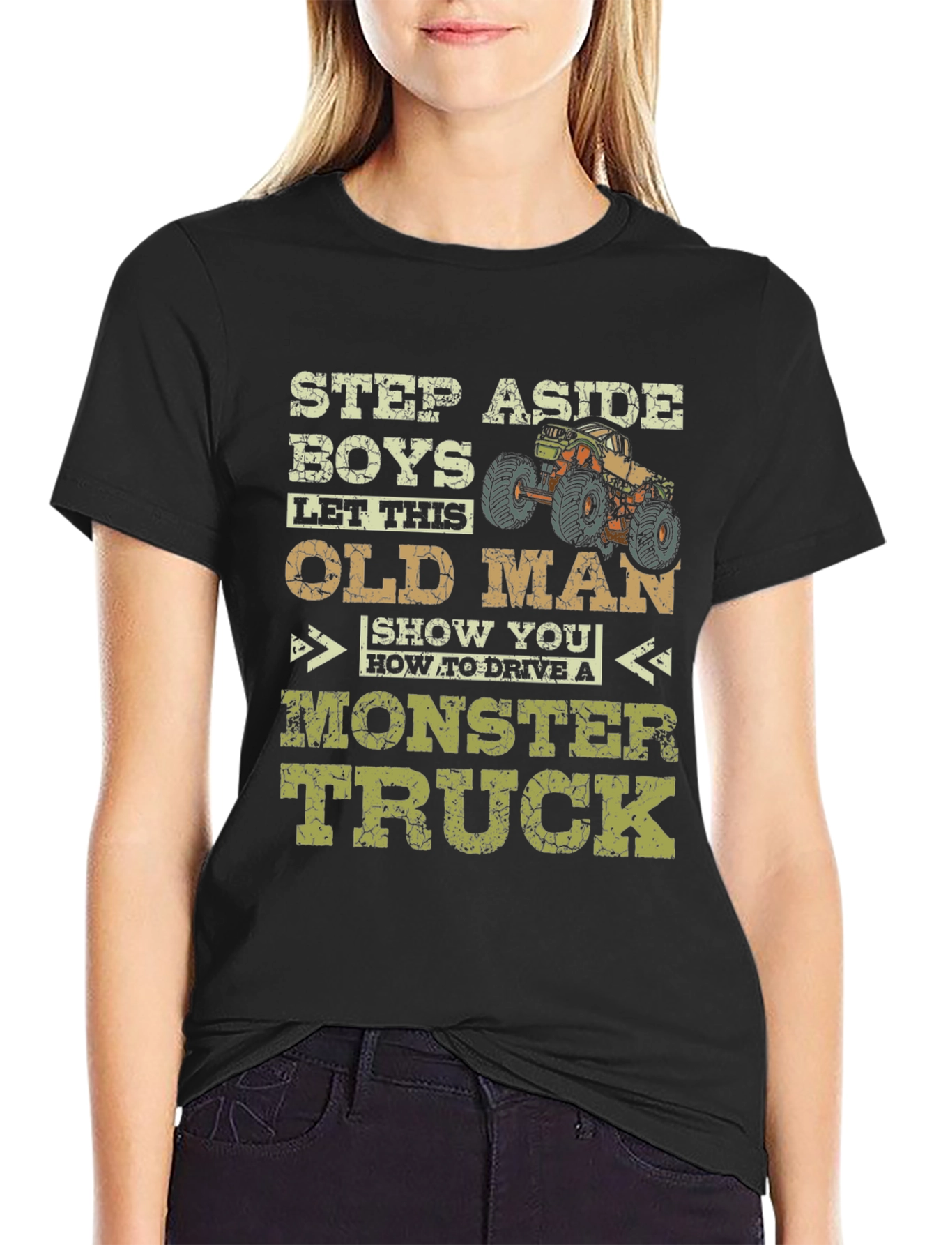 Black Funny Old Man Monster Truck T-Shirt view 2