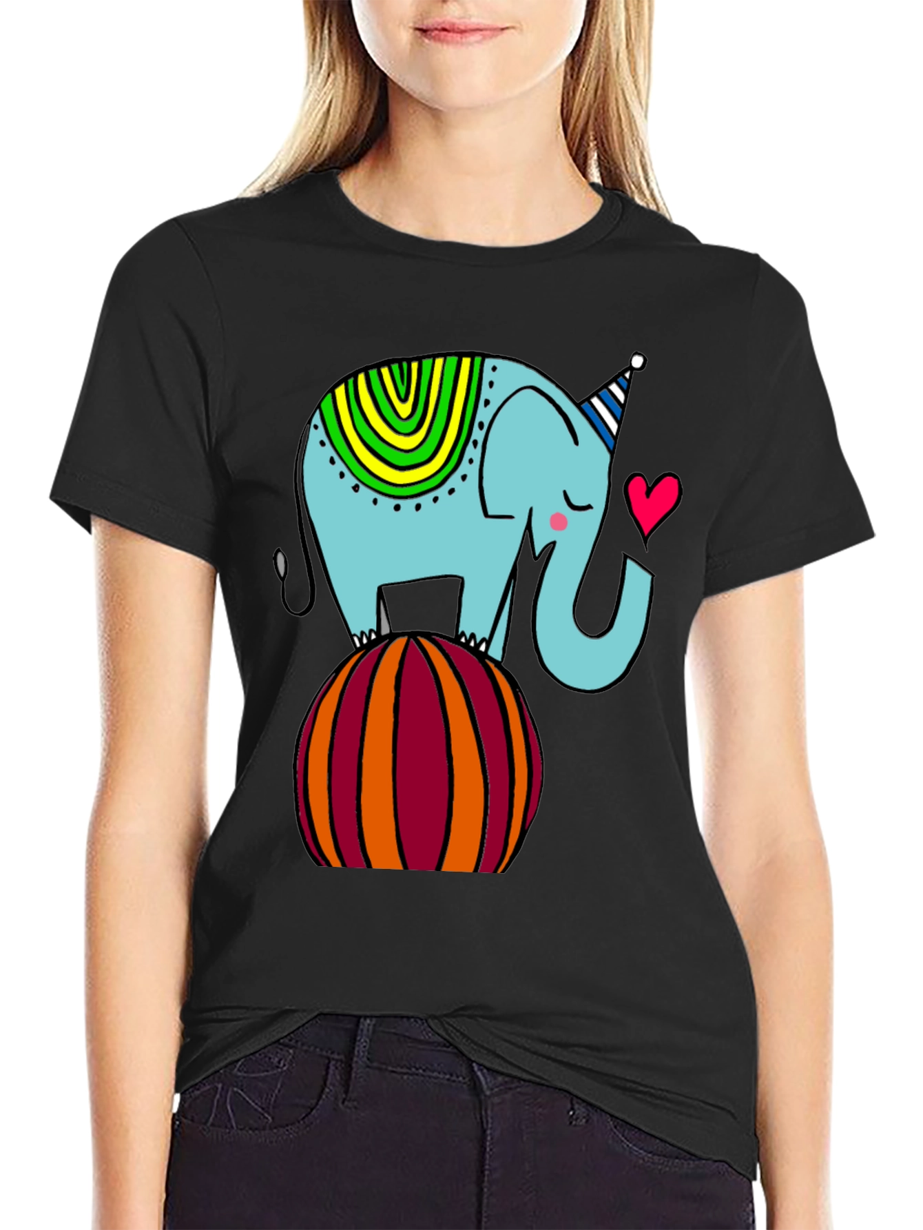 Black Elephant on Ball Graphic Tee - Cute Cartoon Style view 2