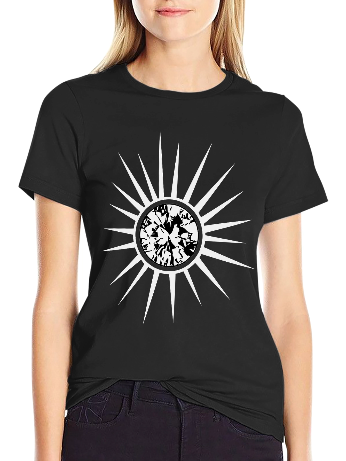 Black Radiant Sunburst Graphic Tee - Modern Black Cotton Shirt view 2