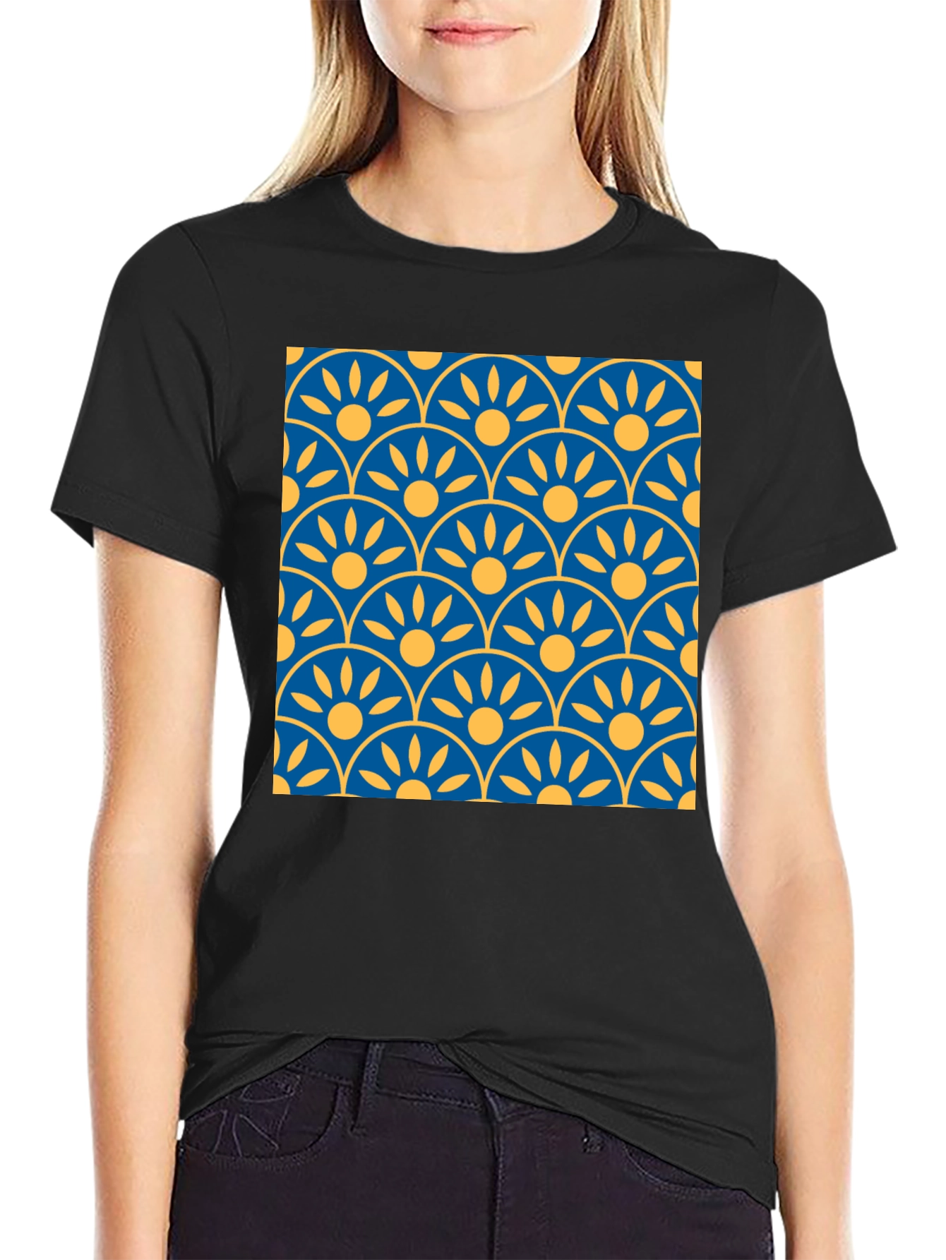 Black Patterned T-Shirt: Blue & Yellow Graphic Tee view 2