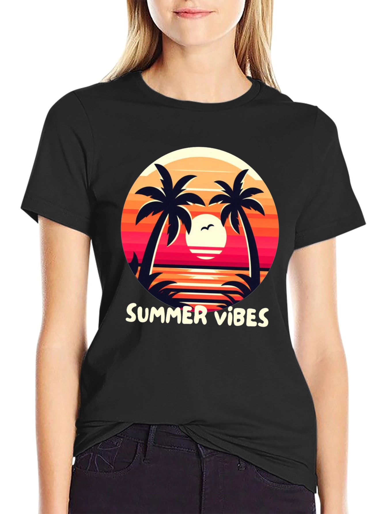 Black Summer Vibes Graphic Tee - Palm Tree Sunset Design view 2