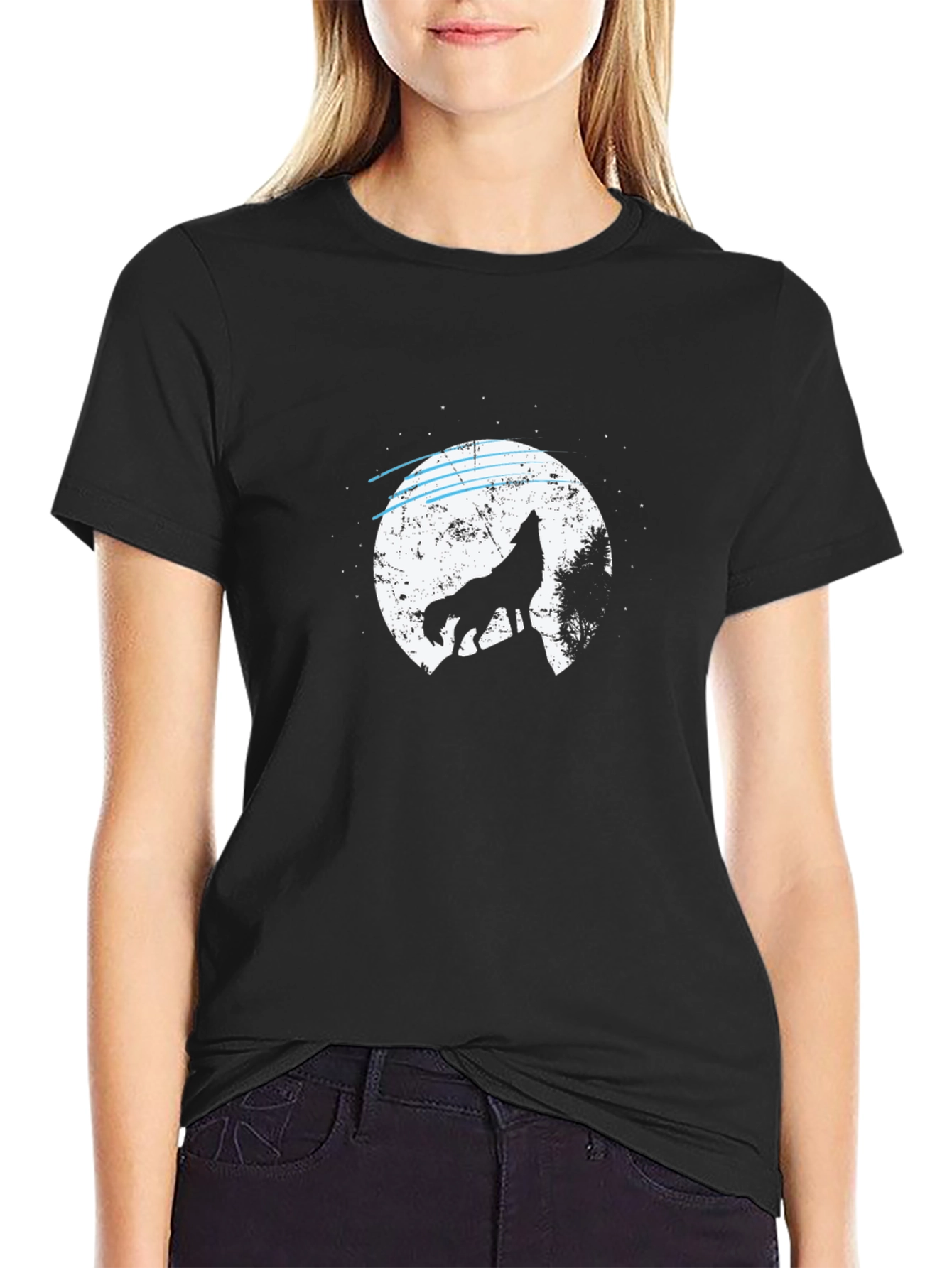 Black Wolf Howling at Moon Graphic T-Shirt - Black view 2