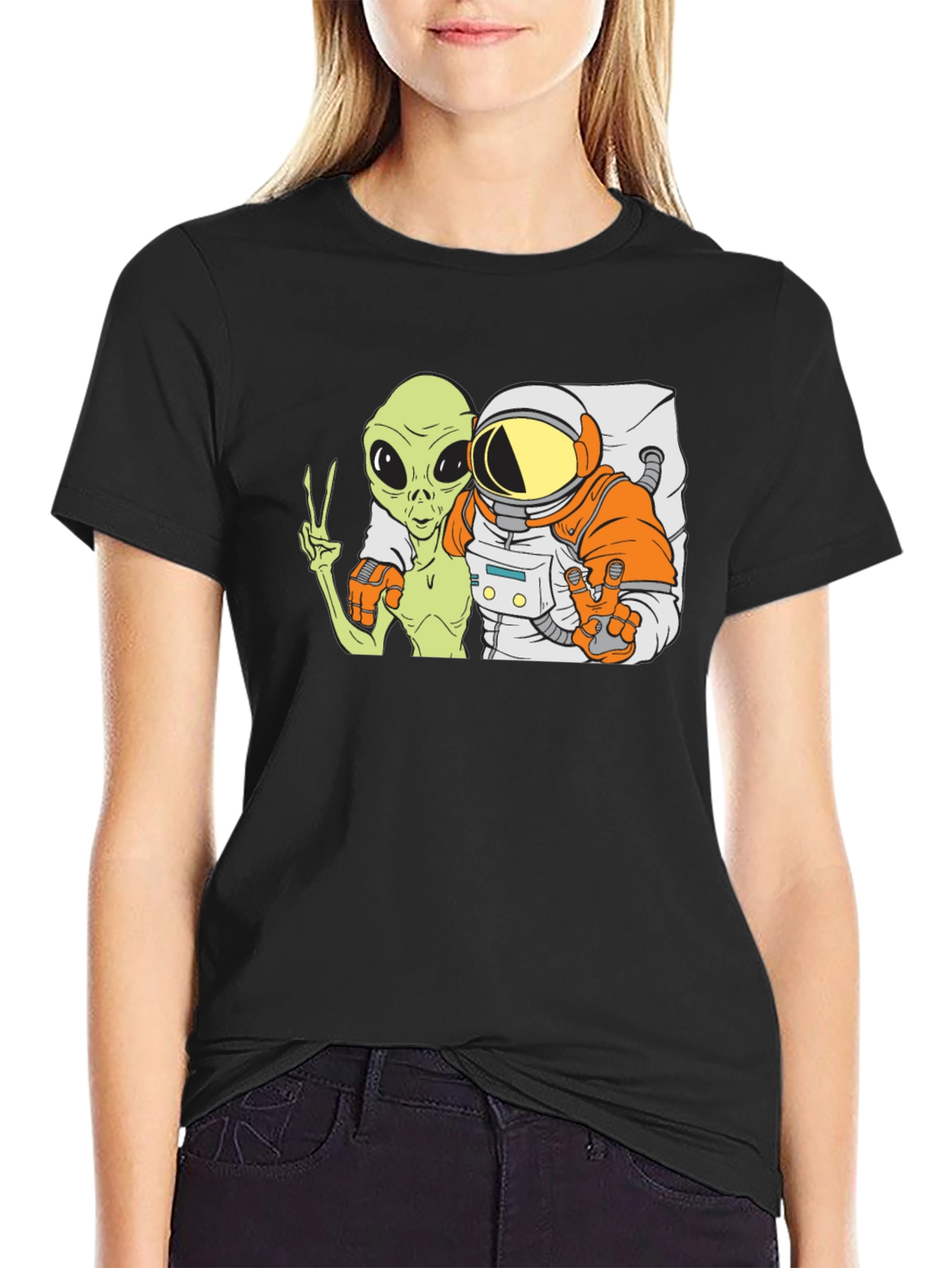 Black Alien & Astronaut BFFs Graphic Tee - Black Cotton Blend view 2