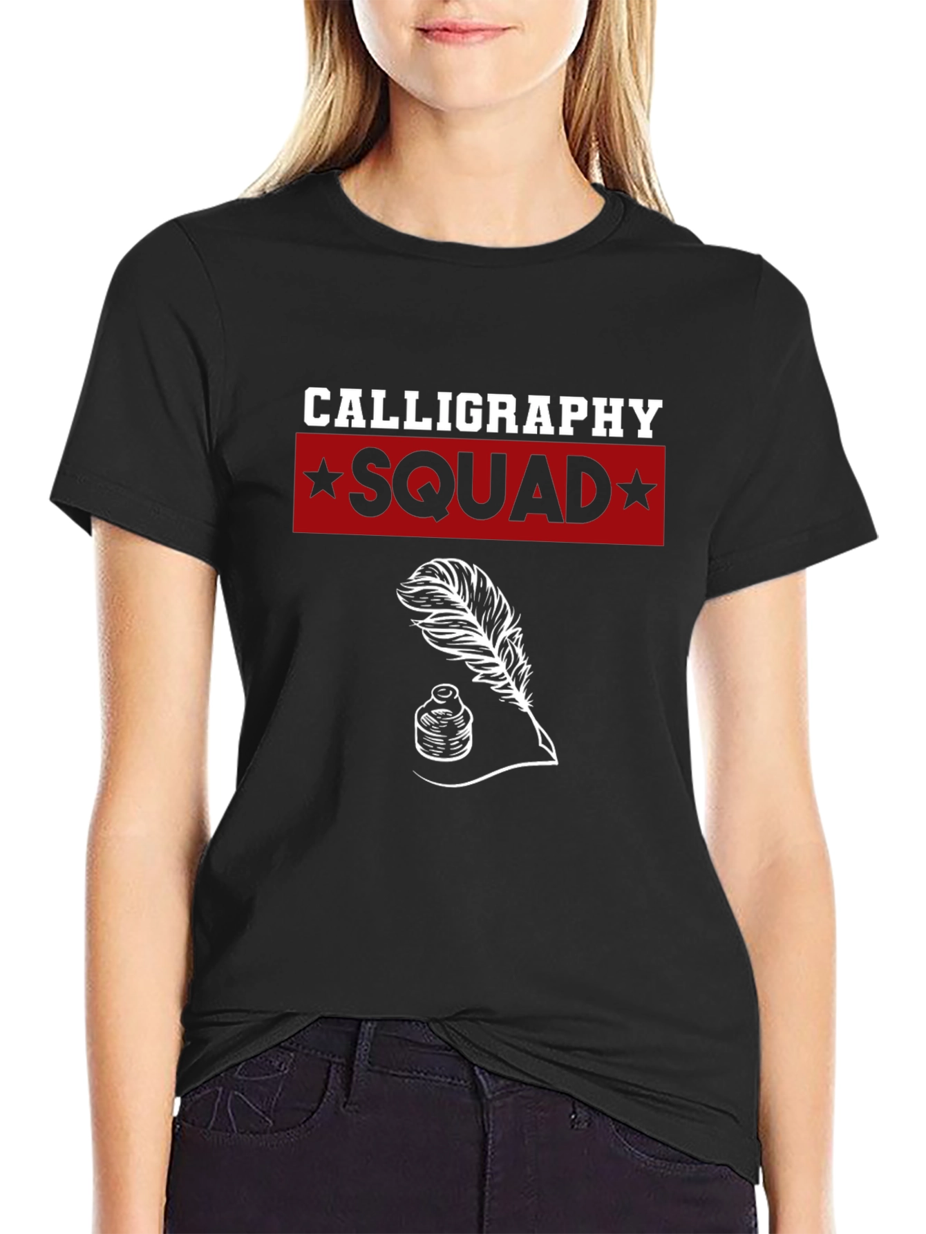 Black Calligraphy Squad T-Shirt - Ink & Quill Design view 2