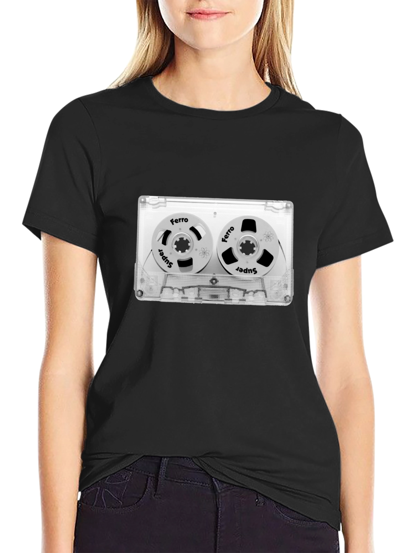 Black Retro Cassette Tape Graphic Tee - Vintage Music Lover Shirt view 2