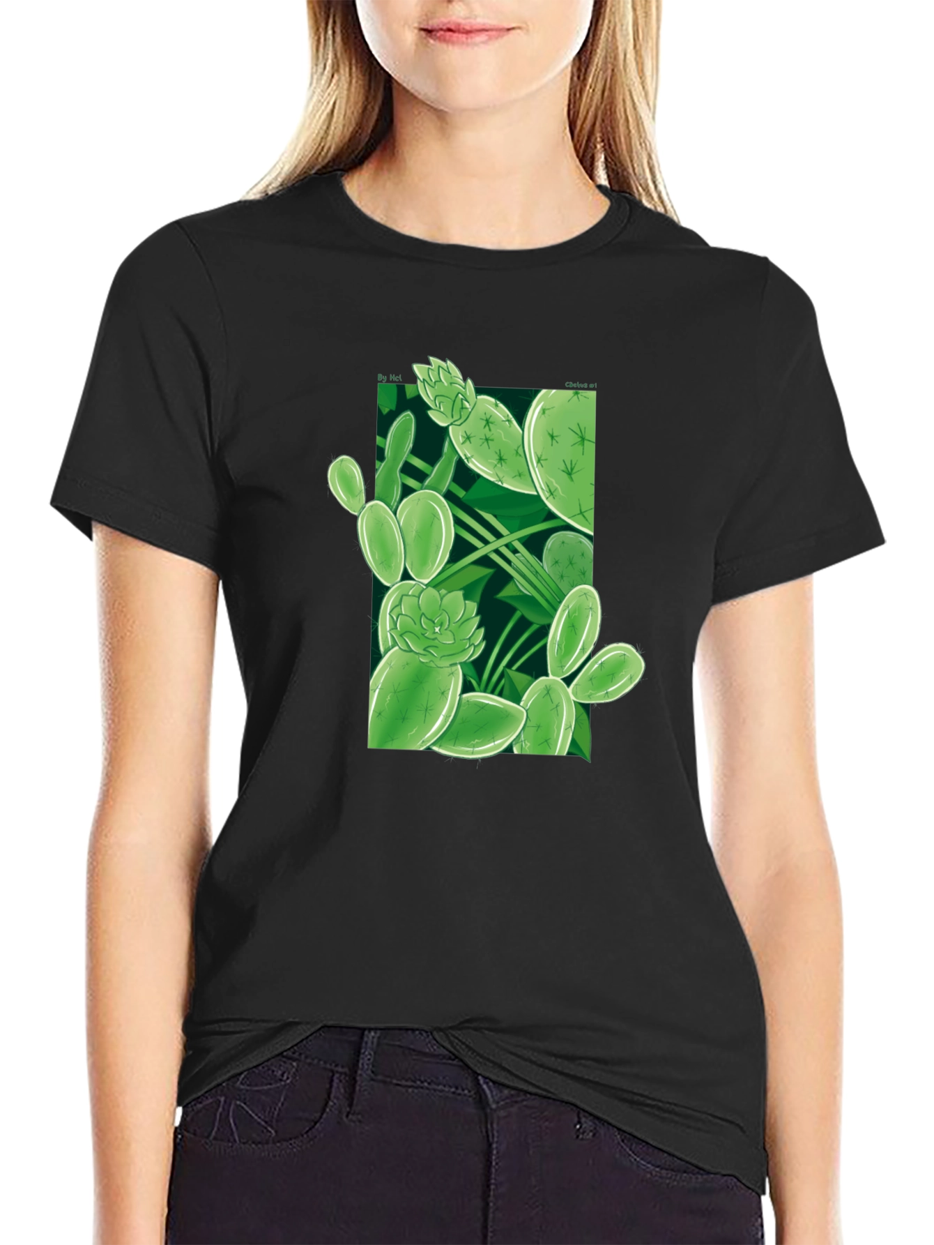 Black Stylish Cactus Print Black T-Shirt view 2