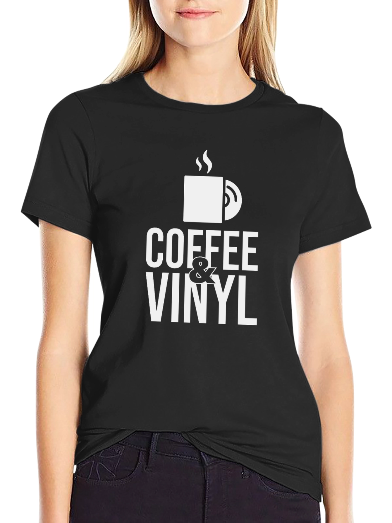 Black Coffee & Vinyl Graphic Tee - Black Cotton Blend view 2