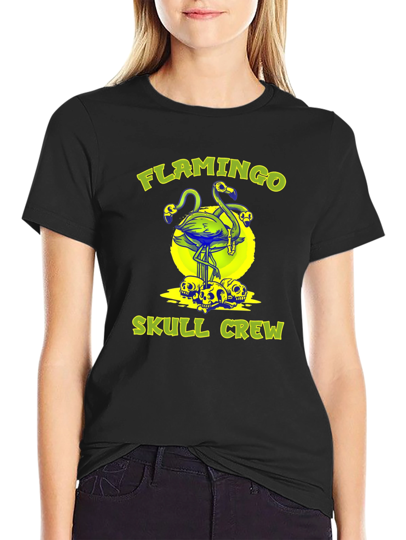 Black Flamingo Skull Crew Graphic Tee - Unique Design view 2