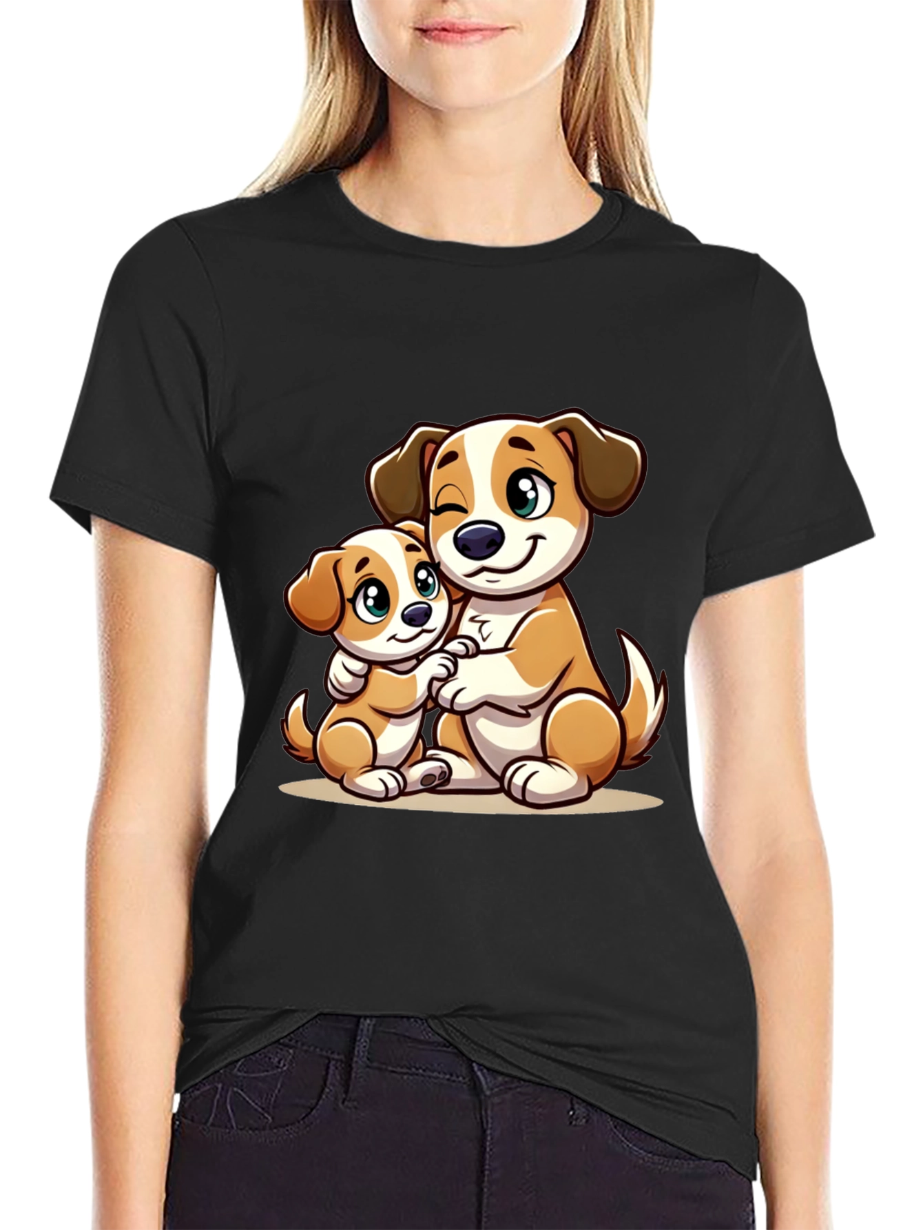 Black Cute Dog Hug T-Shirt - Black view 2
