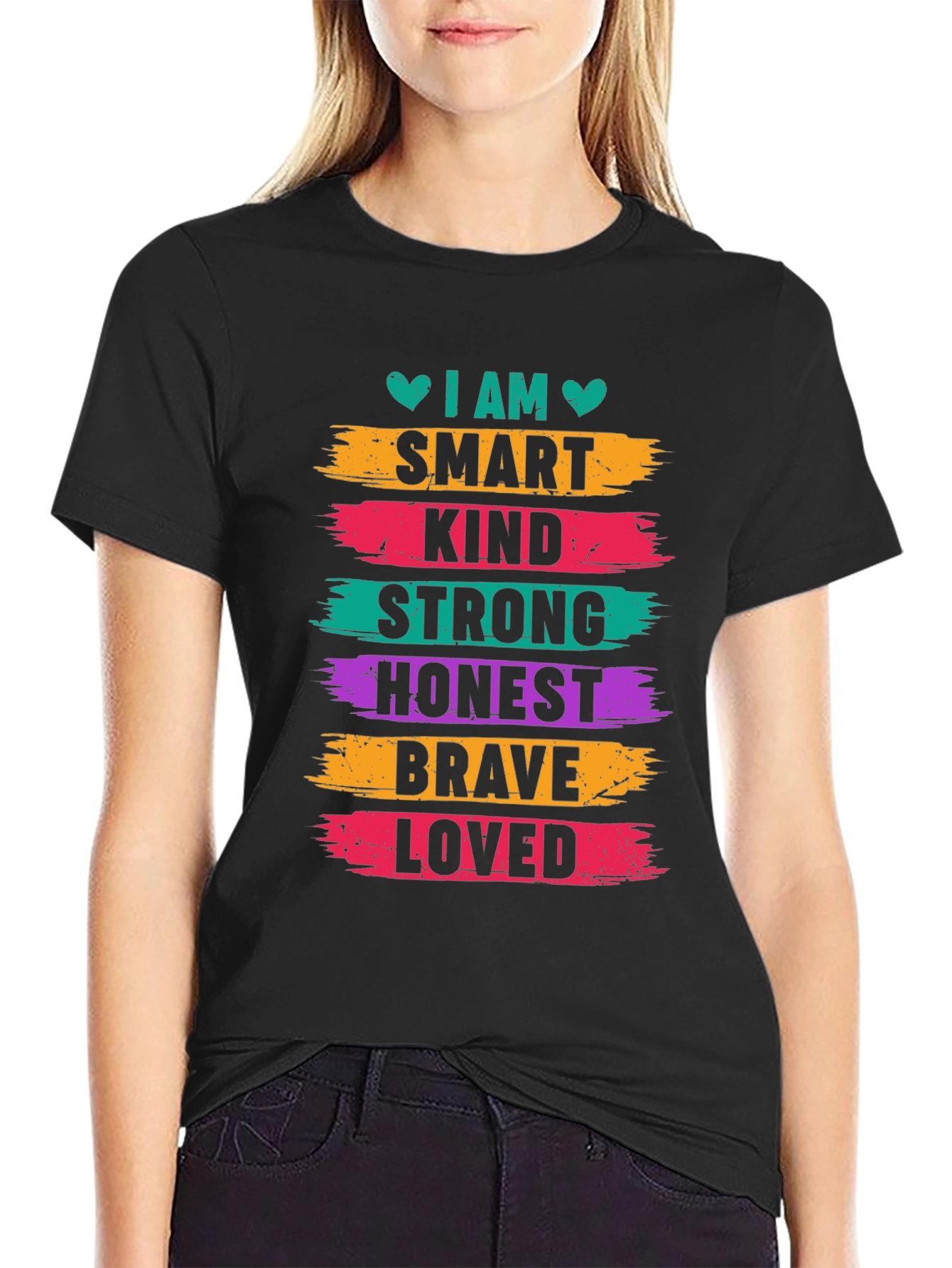 Black I AM Smart Kind Strong Honest Brave Loved T-Shirt view 2