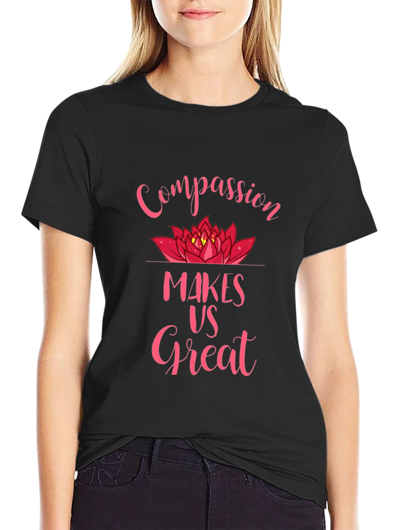 Black Compassion Makes Us Great Lotus Flower Graphic Tee view 2