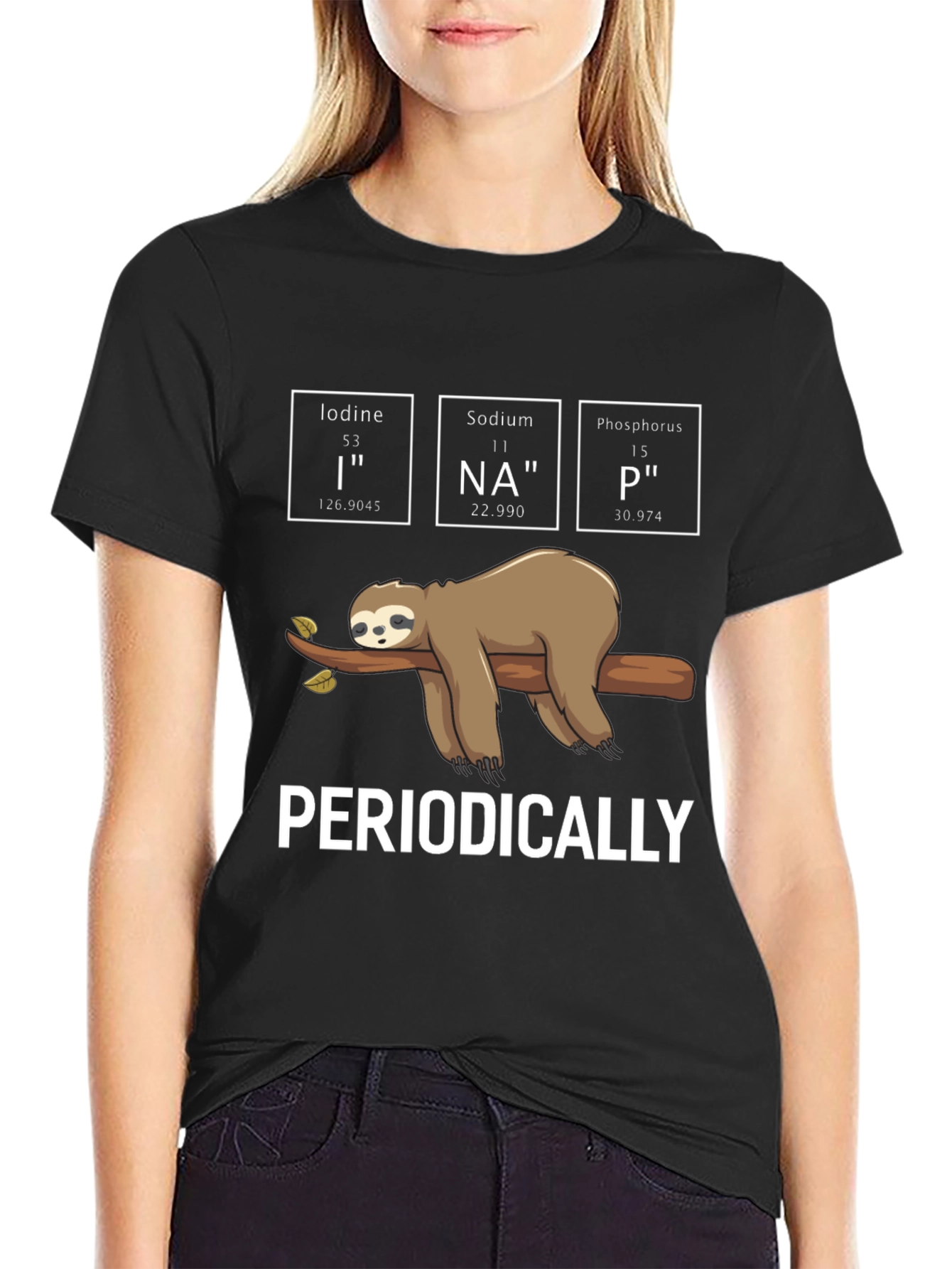 Black Periodically Sloth T-Shirt - Science Pun Tee view 2