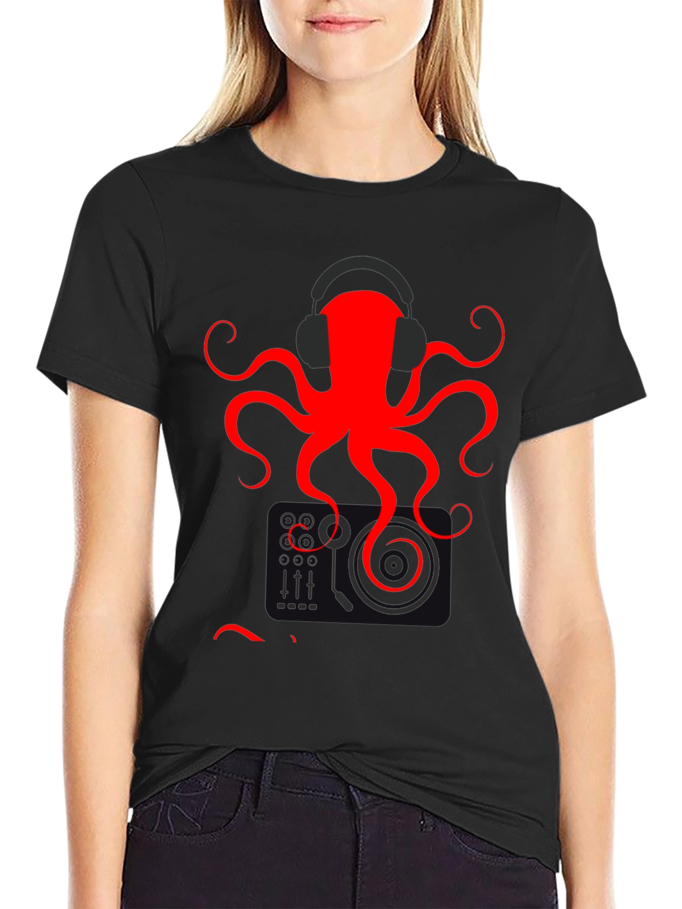 Black Red Octopus Headphones Graphic T-Shirt view 2