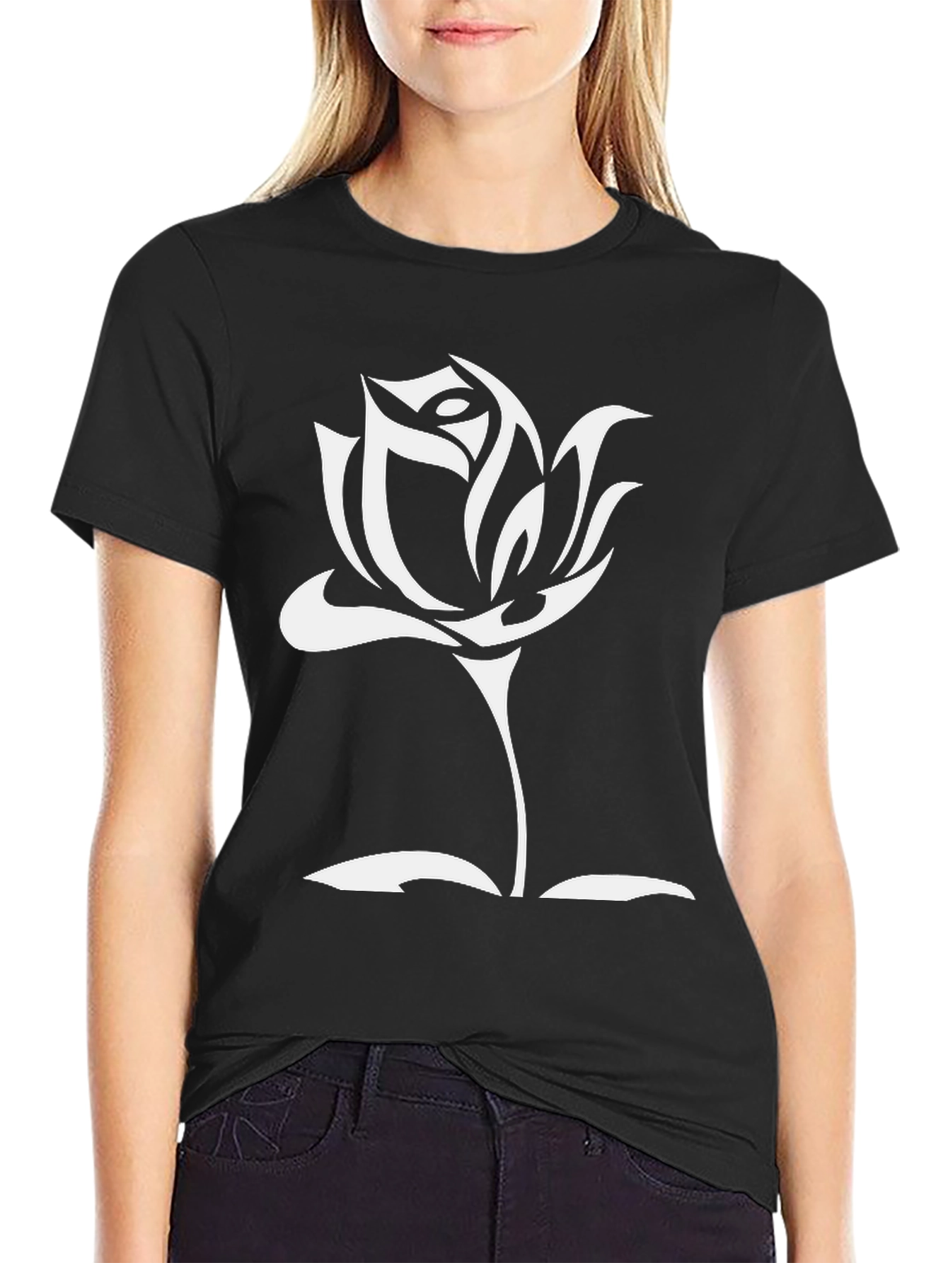 Black Black T-Shirt with White Rose Graphic Print view 2